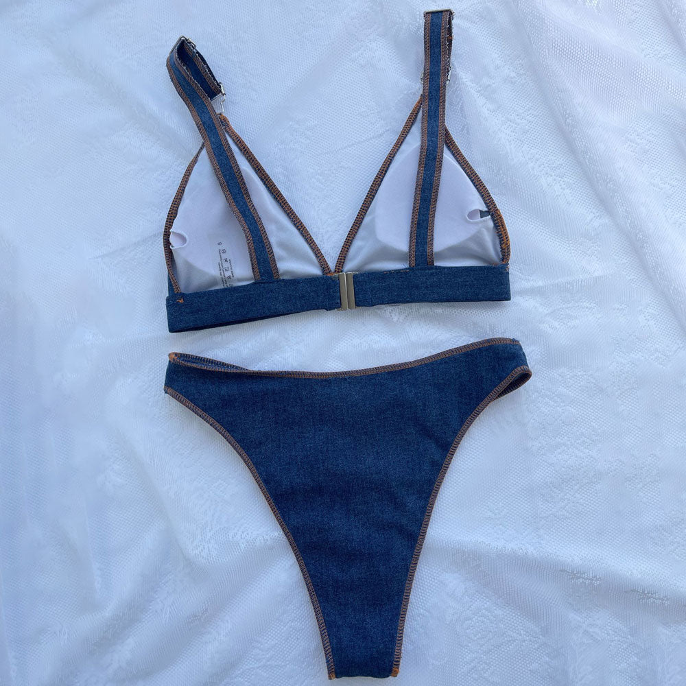 Premium Vintage Denim Triangle Bikini Set - High Cut & Cheeky Brazilian Style