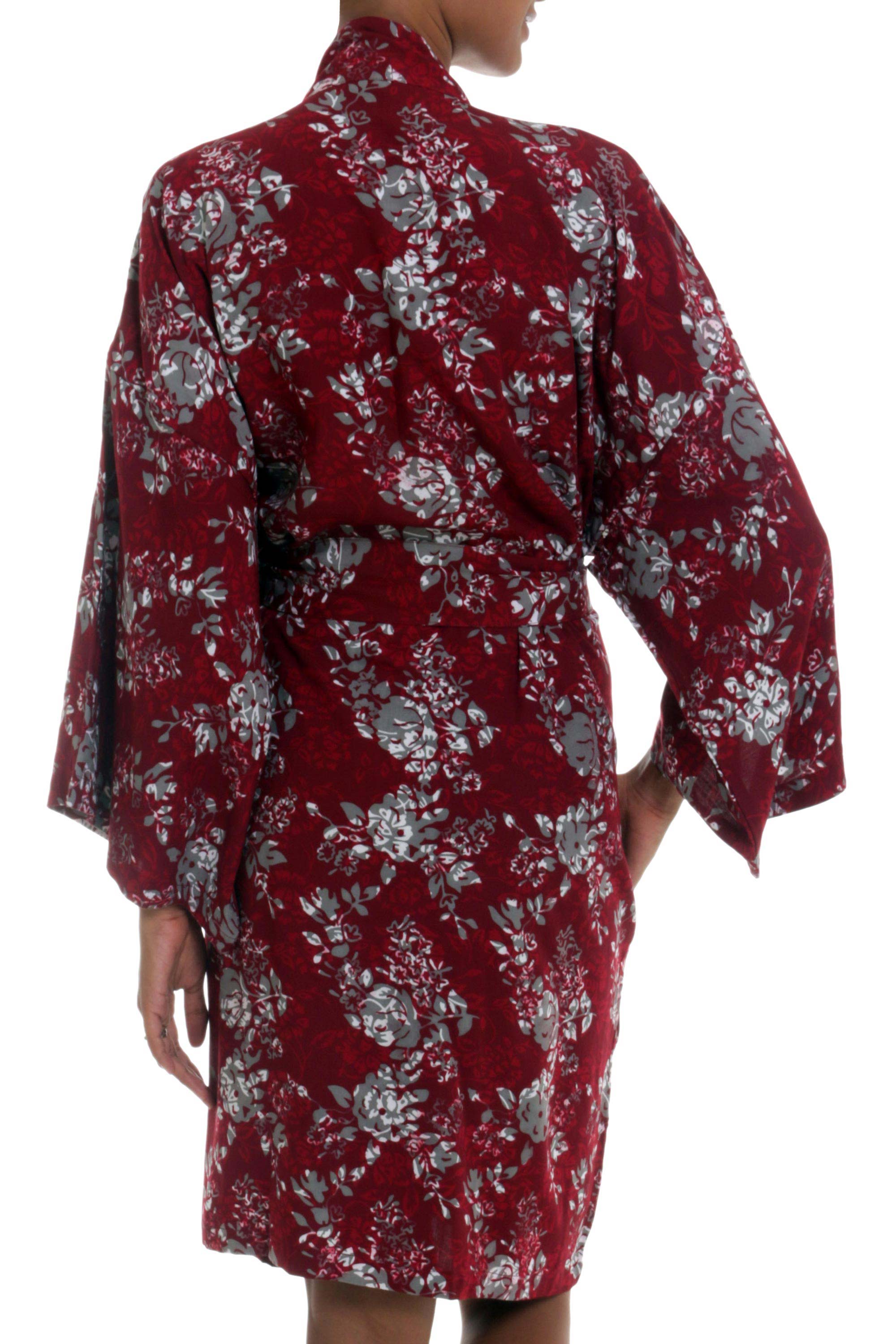 Premium Claret Grey Batik Kimono Robe with Tropical Floral Design