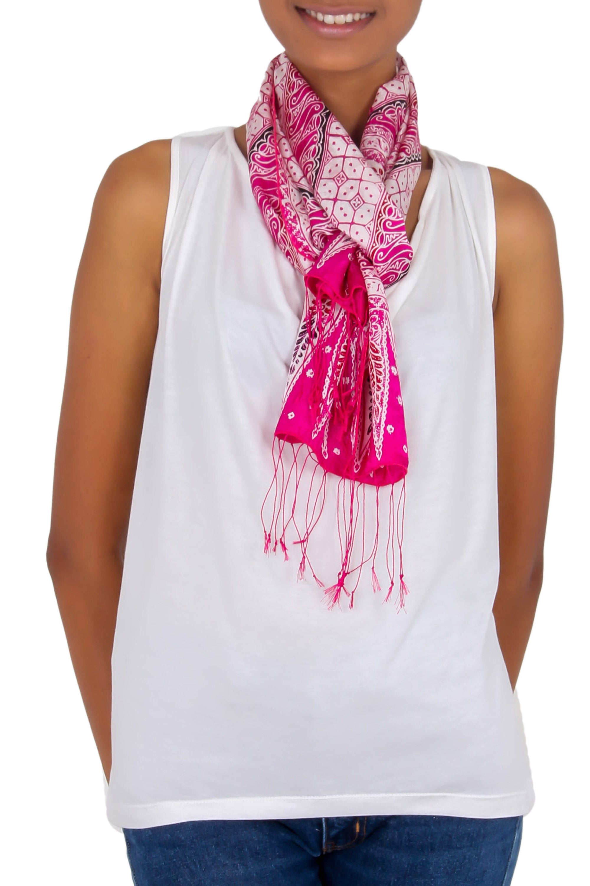 Premium Pink Fantasy Silk Batik Scarf - Handmade in Indonesia