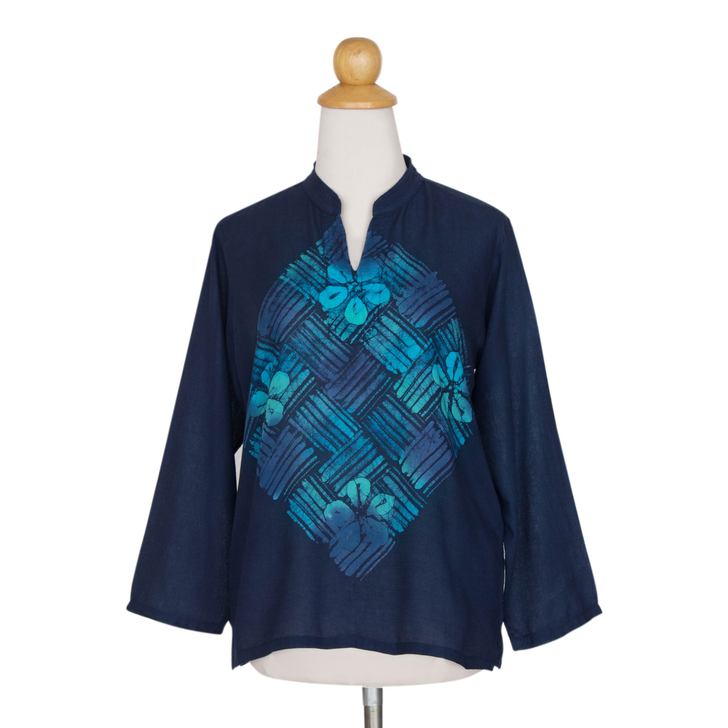 Premium Blue Frangipani Cotton Batik Tunic - Handmade Fair Trade