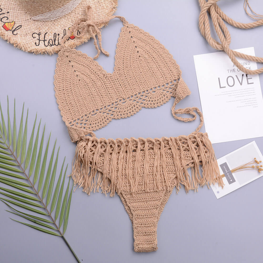 Premium Crochet Knit Bikini Set with Tassel Trim - Chic Halter Triangle Design