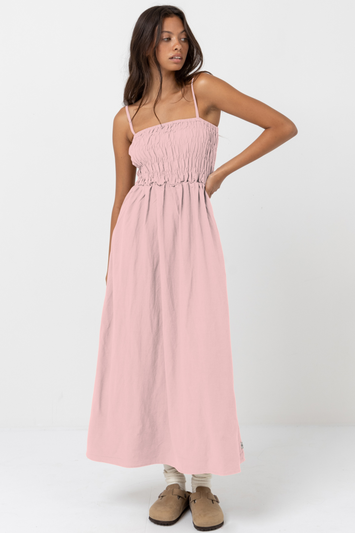 Ultimate Rhythm Classic Shirred Midi Dress - Rose Elegance