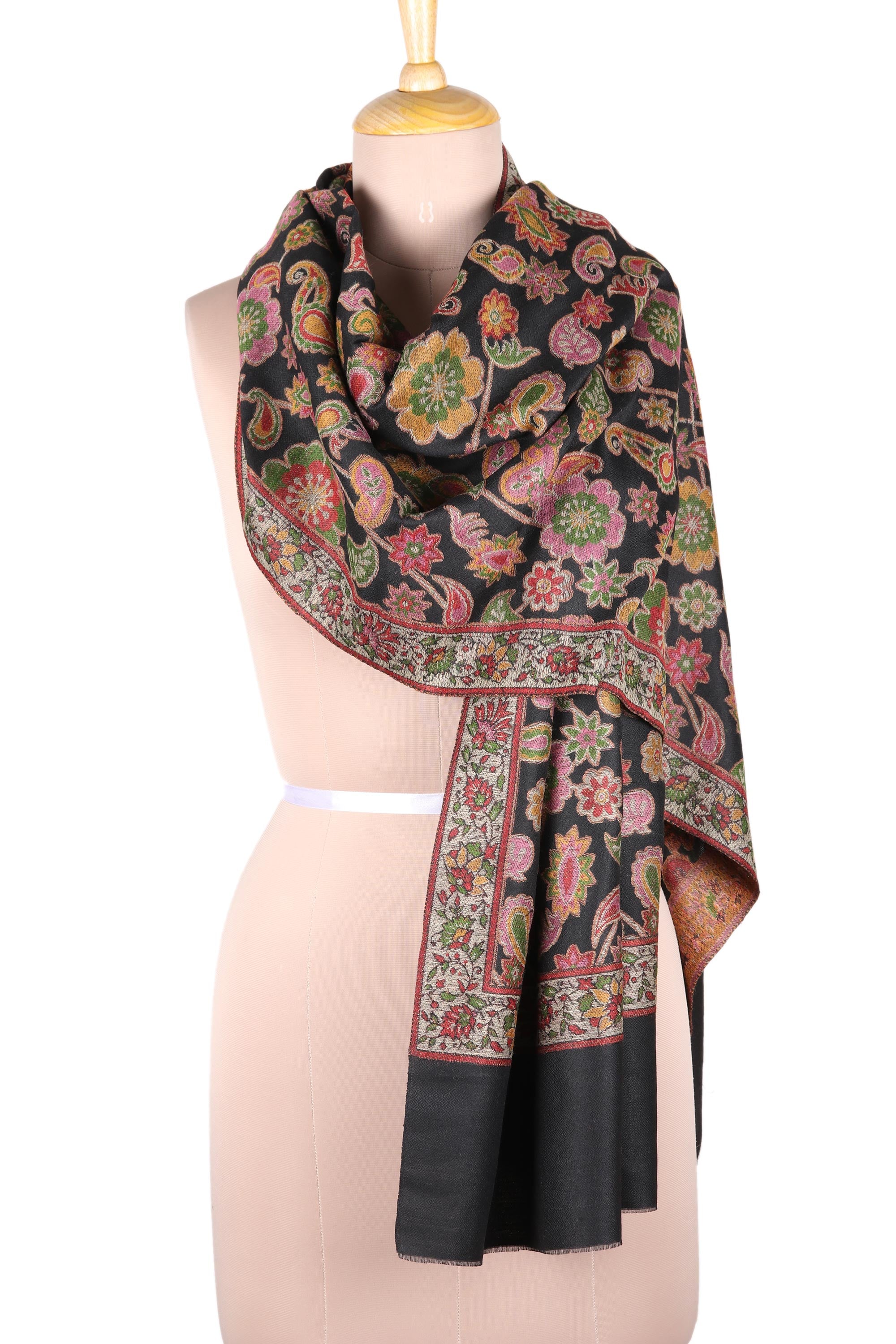 Premium Midnight Garden Floral Shawl - Handwoven Wool from India