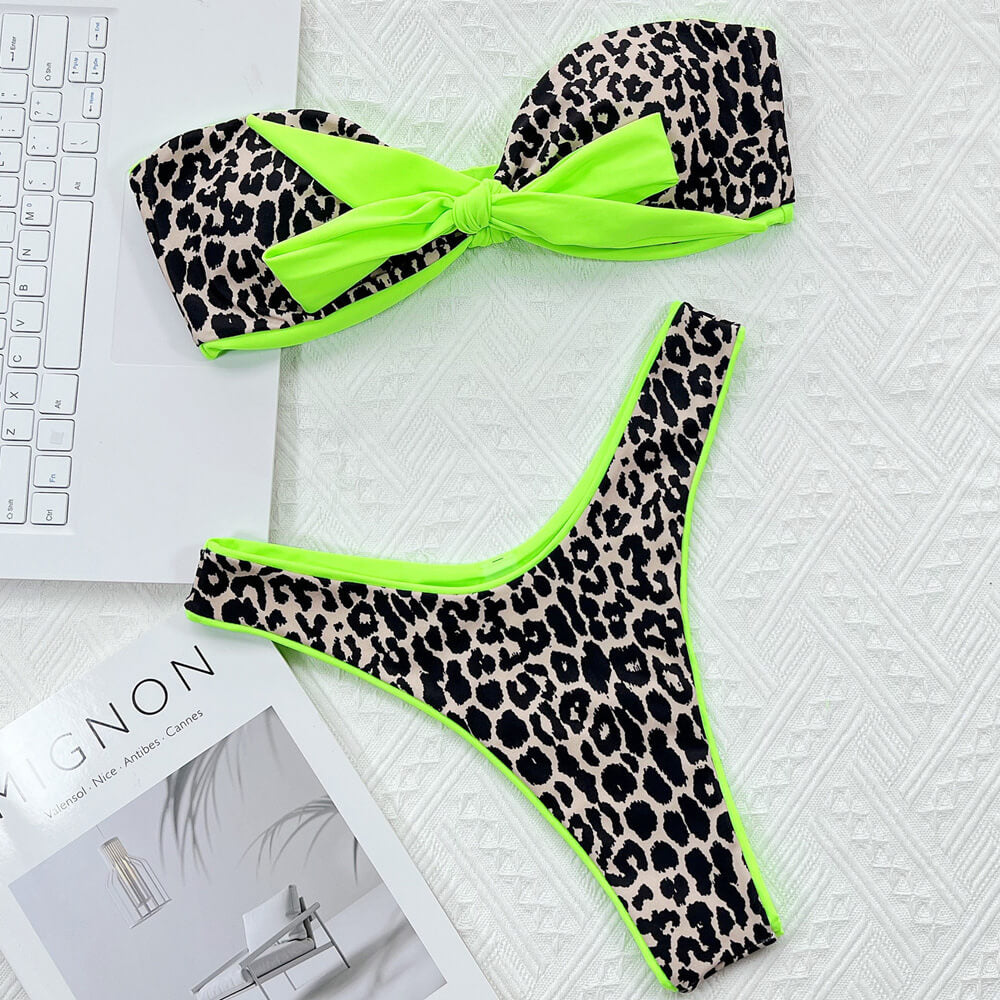 Premium Leopard Print Bow-Tie Bikini Set - High Cut Brazilian Thong