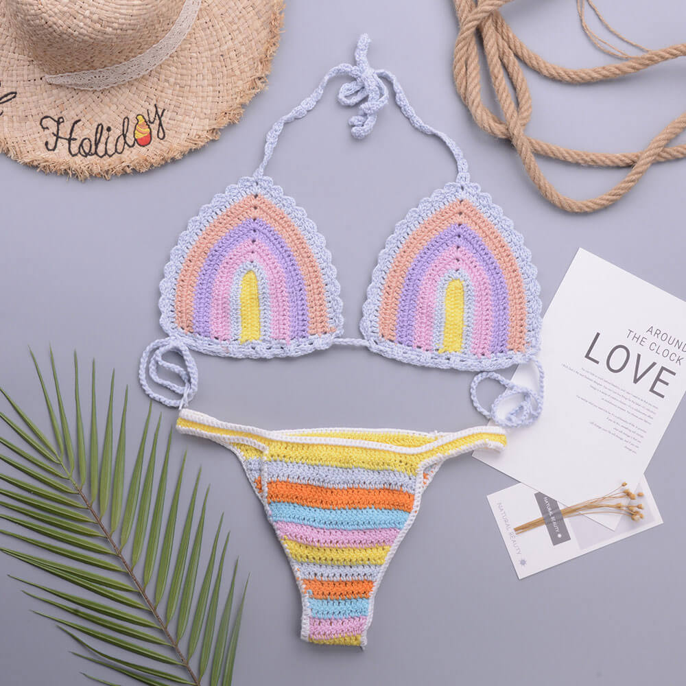 Premium Rainbow Crochet Halter Bikini Set - Brazilian Style Two-Piece Swimsuit