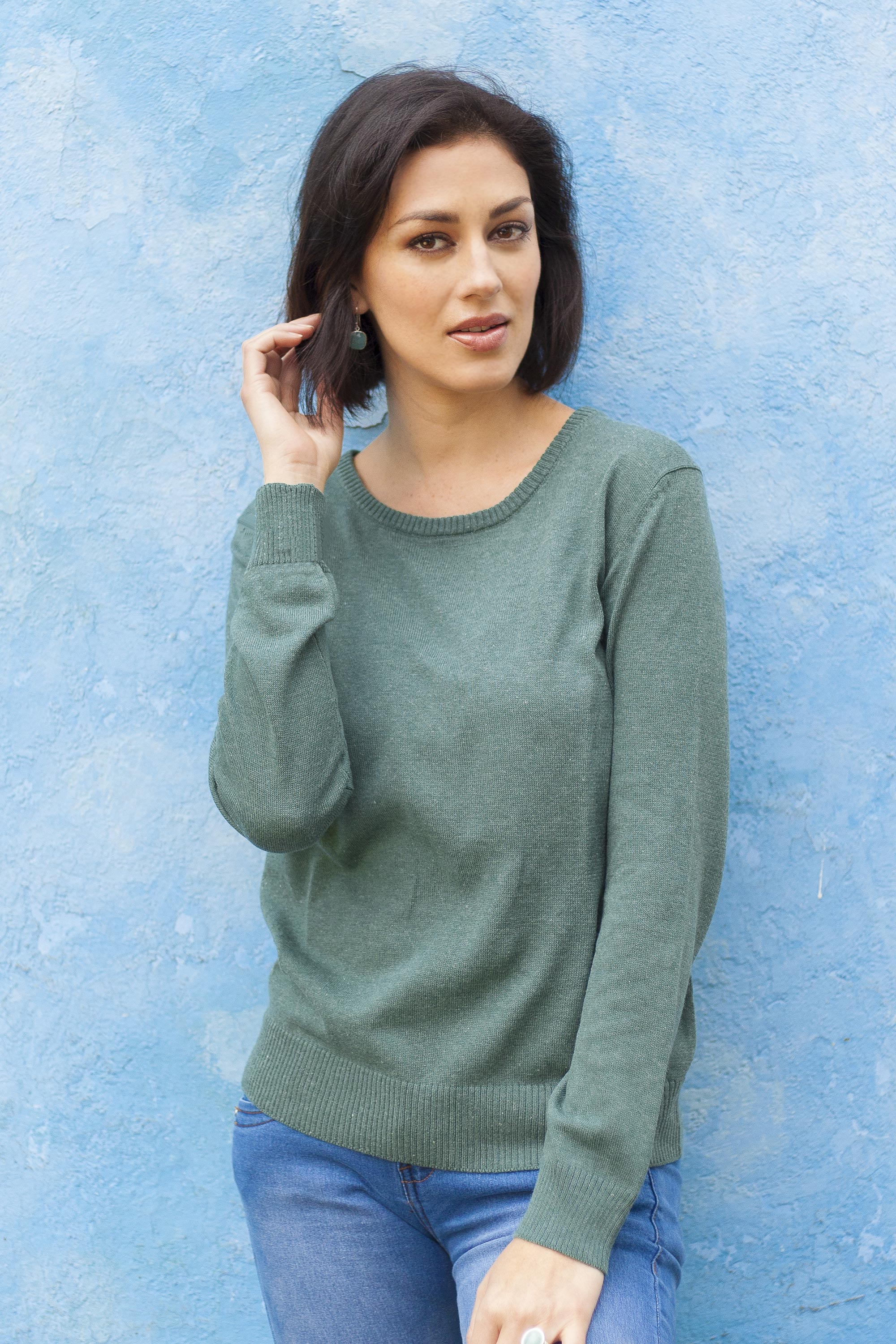 Premium Viridian Knit Cotton Blend Pullover – Handcrafted in Peru