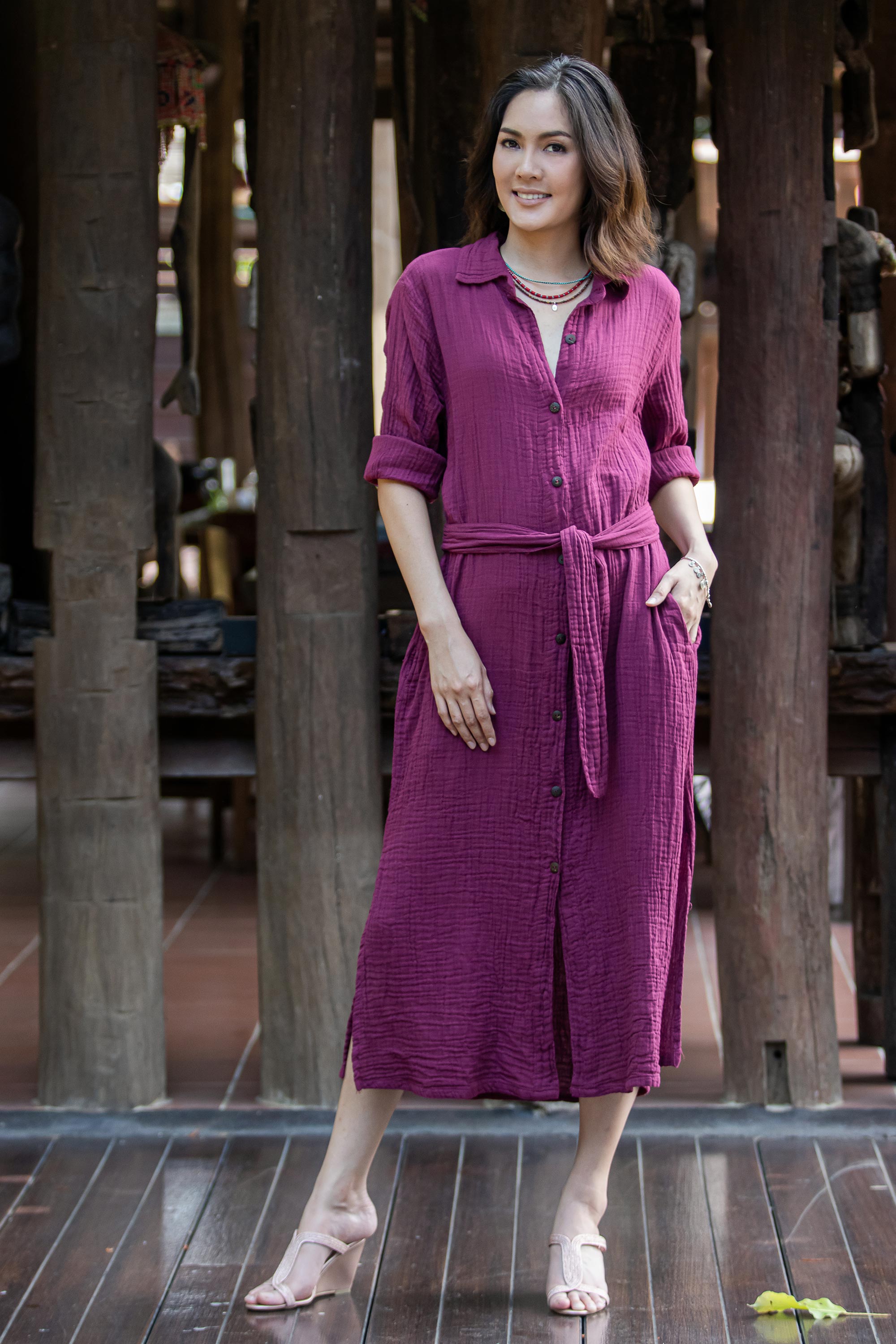 Premium Maroon Cotton Shirtwaist Dress – Handmade in Thailand