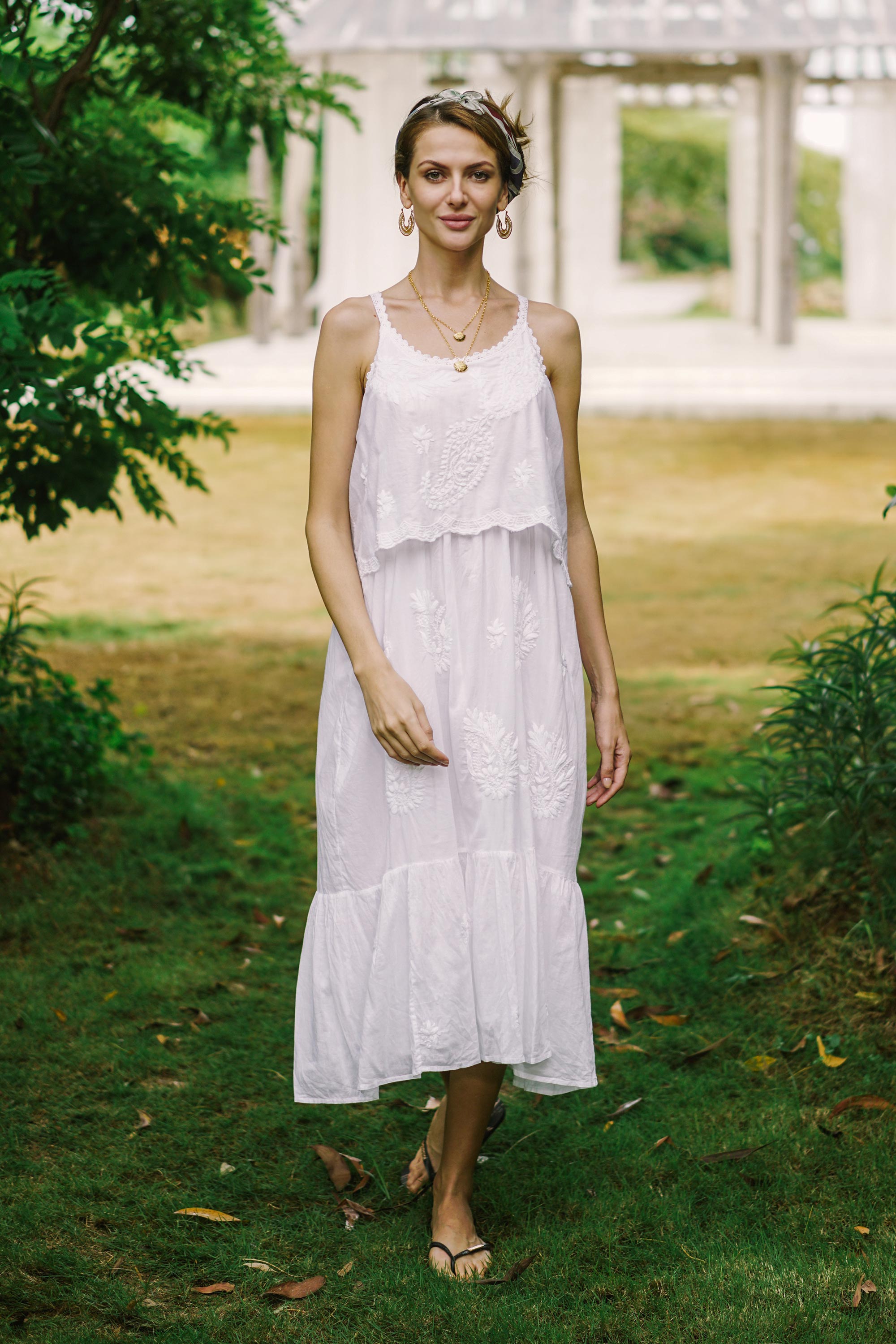 Premium White Chikankari Embroidered Cotton Sundress with Paisley Design