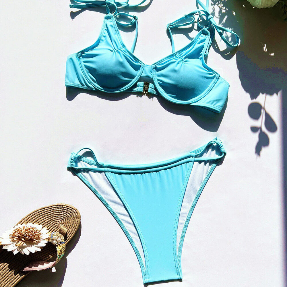 Premium Sky Blue Ruched Strappy Bikini Set