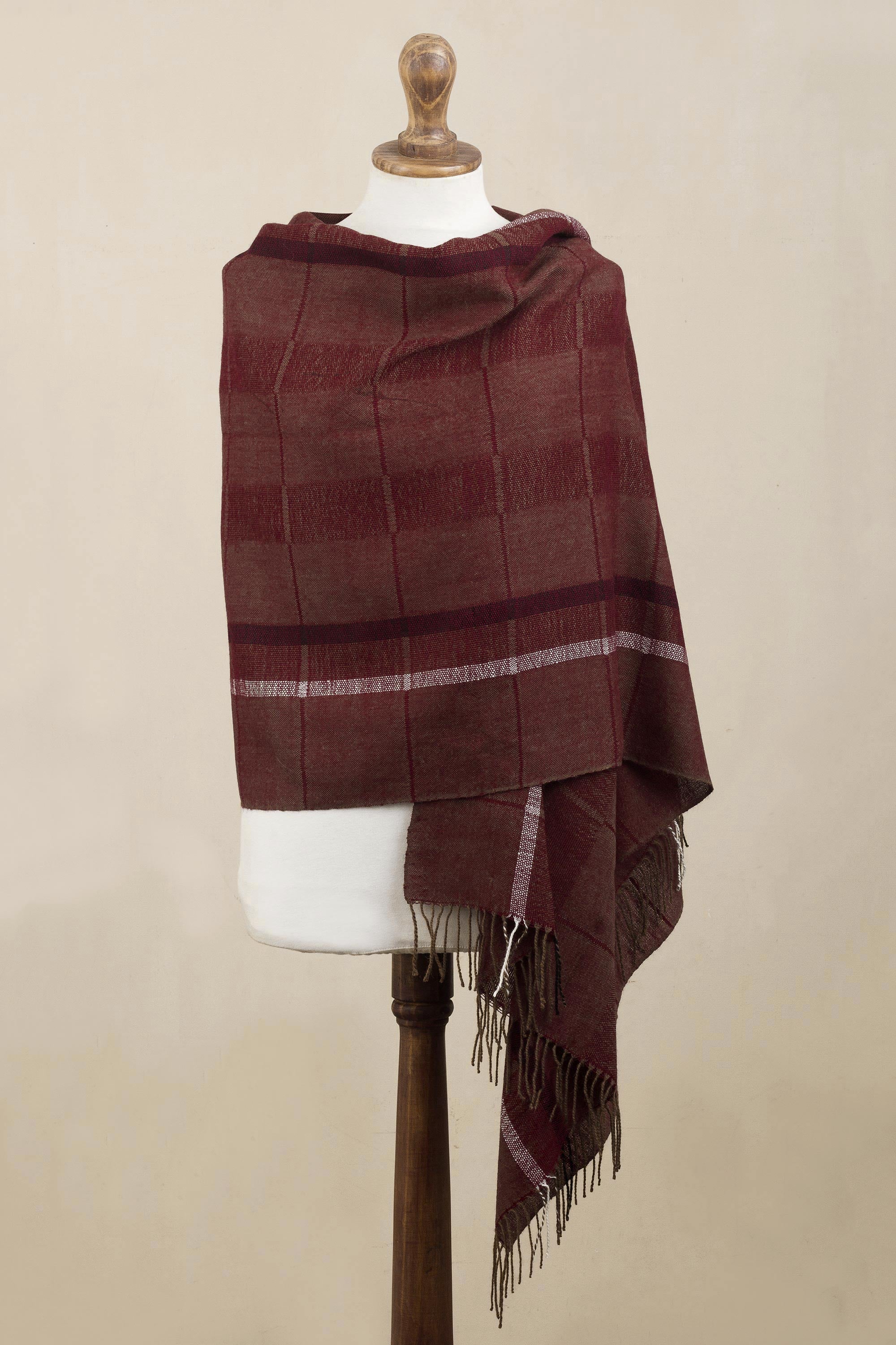 Premium Burgundy & Brown Baby Alpaca Shawl - Handwoven Luxury