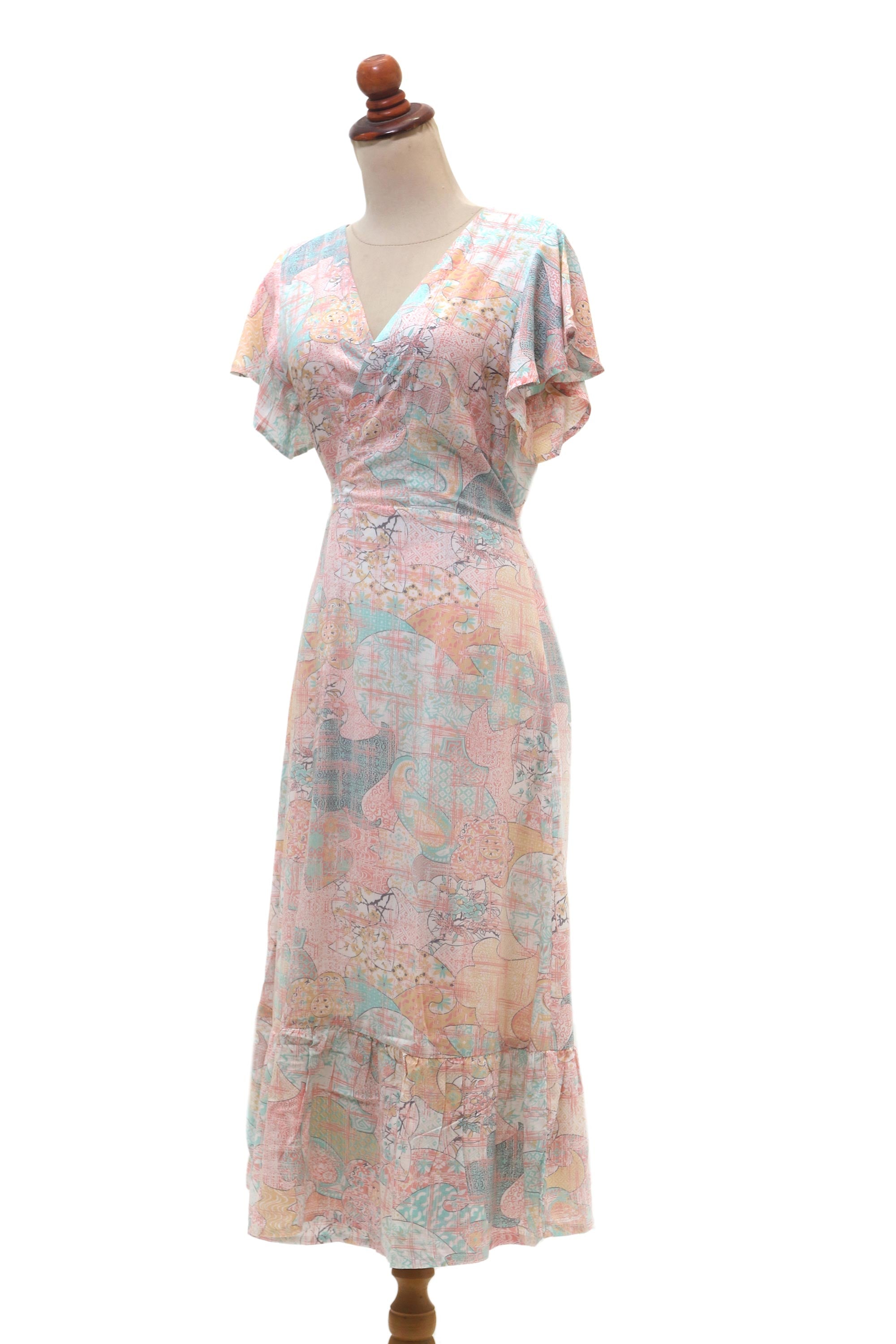 Premium Sekar Jagad Butterfly Sleeve Wrap Dress - Pink & Aqua