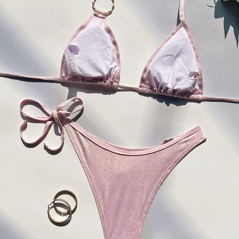 Premium Glitter Triangle Bikini Set with Metallic O-Rings