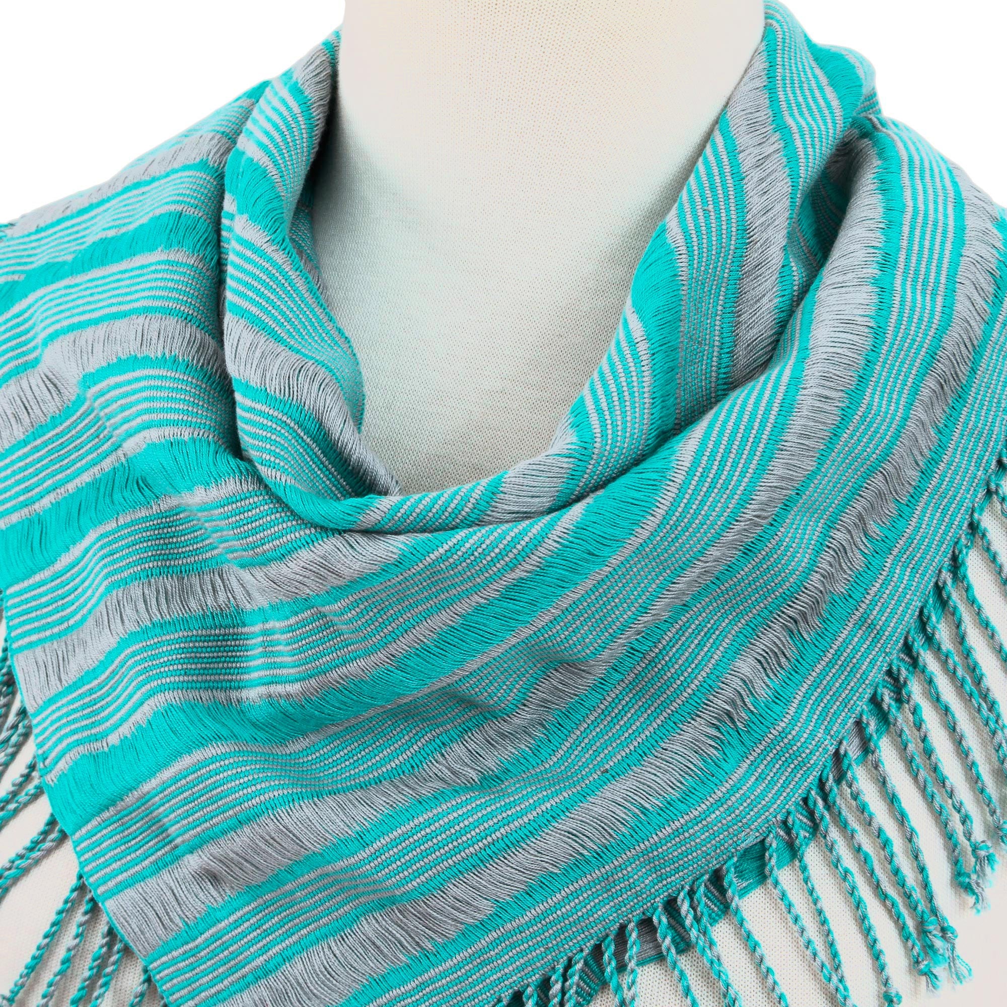 Premium Turquoise & Smoke Handwoven Cotton Scarf – Artisan Crafted in Mexico