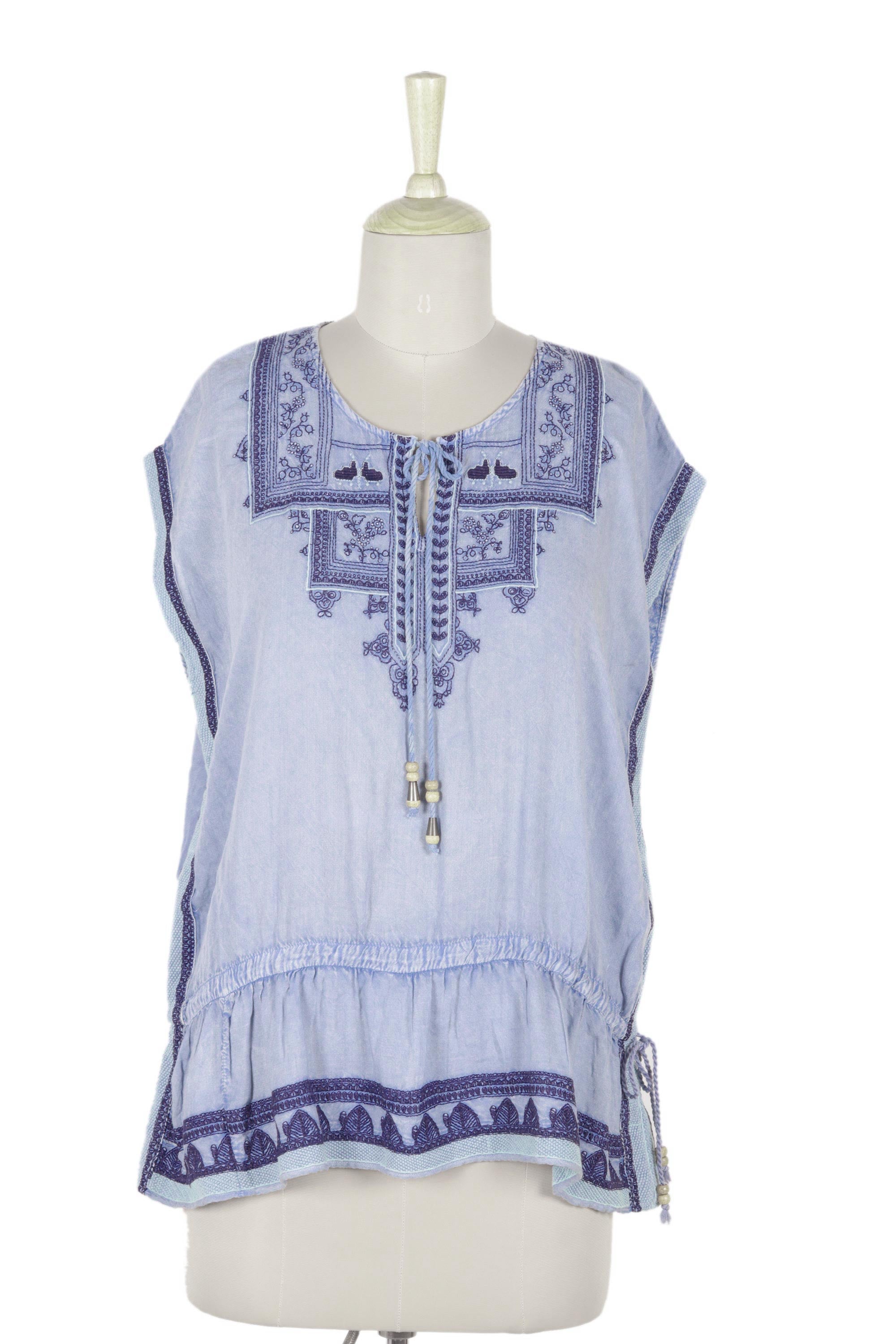 Premium Jaipur Chic Embroidered Viscose Blouse in Light Blue