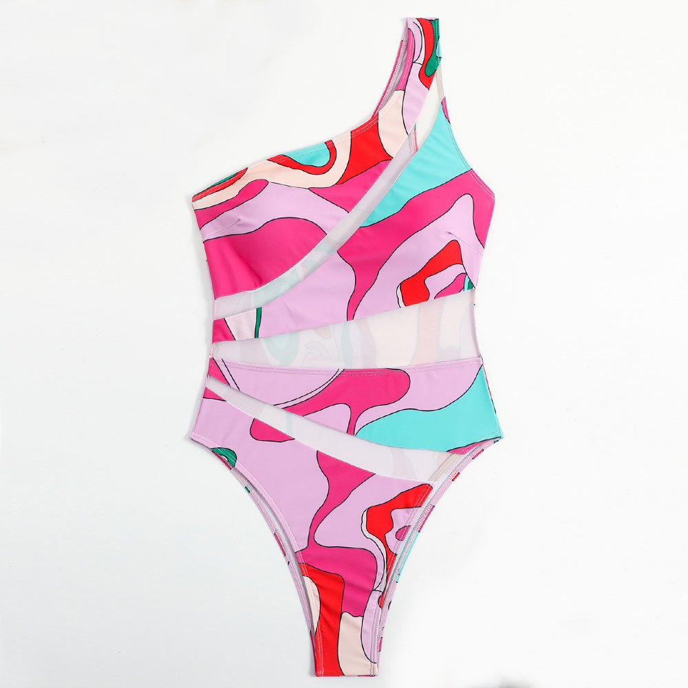 Premium Colorful Print Sheer Mesh One Shoulder Swimsuit