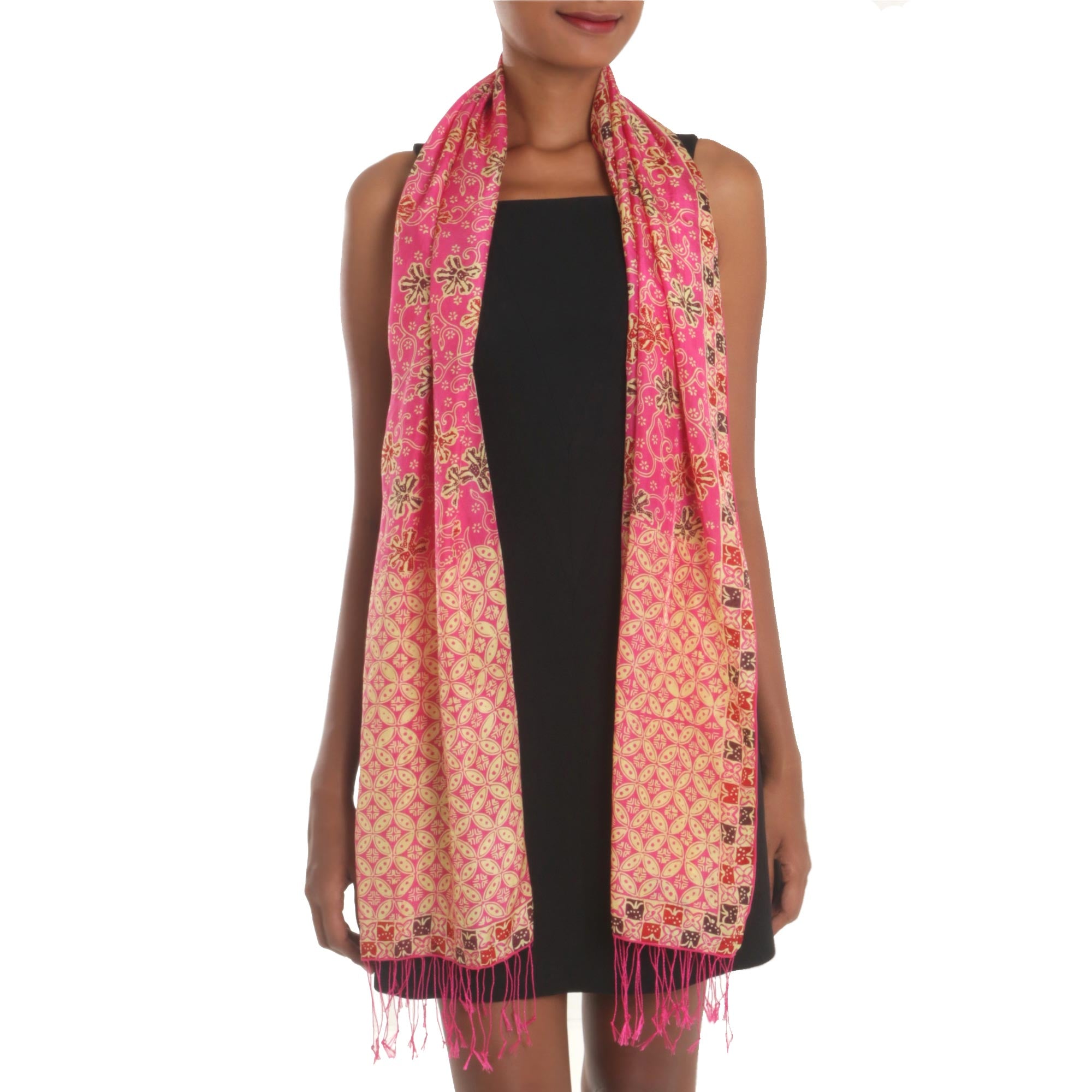 Premium Fuchsia Kawung Batik Silk Shawl - Handcrafted Floral Elegance from Bali