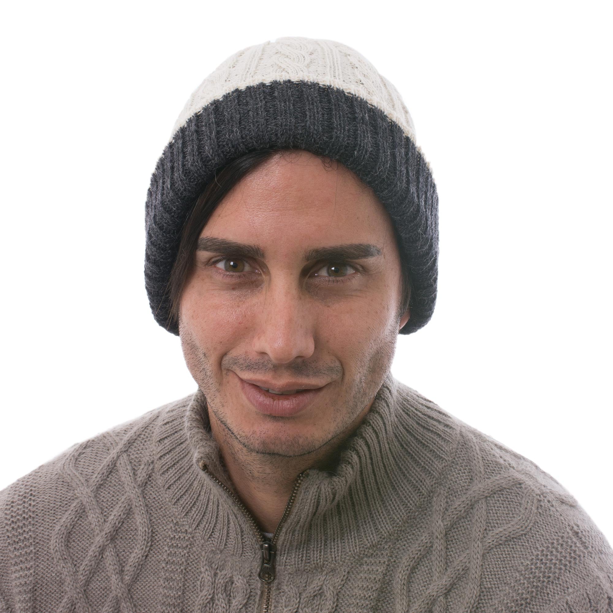 Premium Reversible Alpaca Knit Hat - White & Grey | Ultimate Winter Comfort