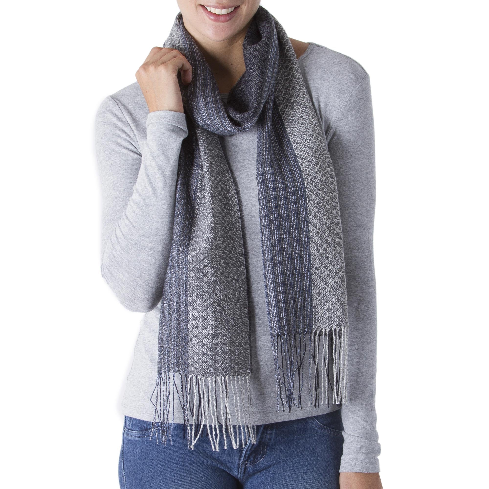 Premium Hand-Woven Baby Alpaca Silk Blend Scarf - Soft Grey with Stripes