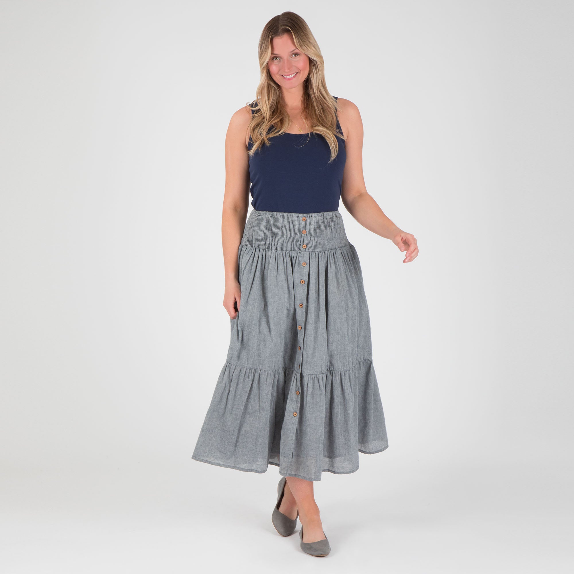 Premium Chambray Button-Down Tiered Skirt