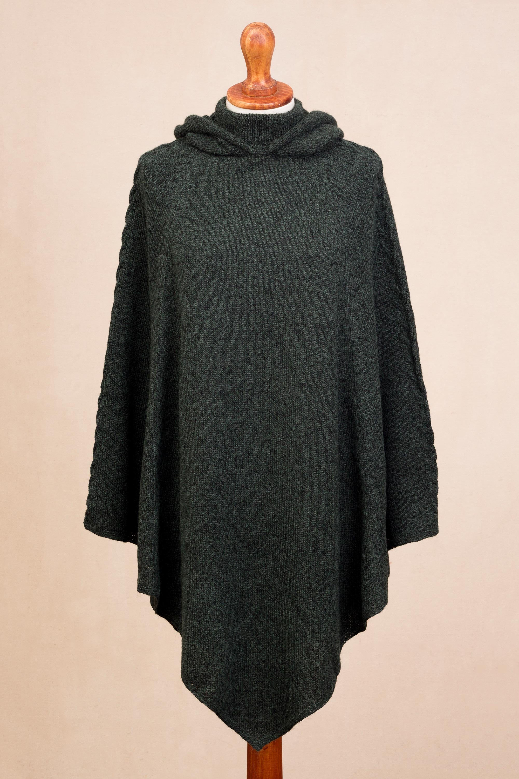 Premium Moss Knit Alpaca Blend Hooded Poncho – Handcrafted in Peru