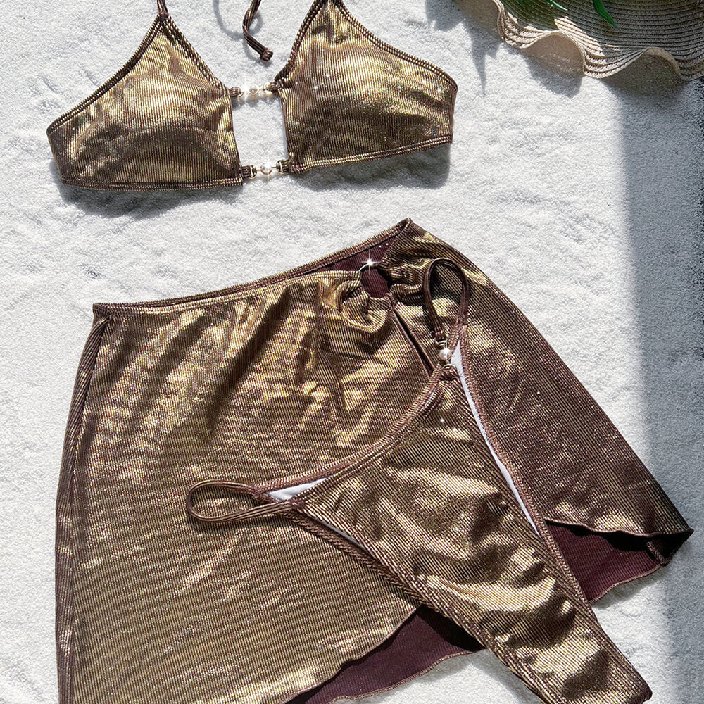 Premium Metallic Gold Ribbed Bikini Set with Cutout Design