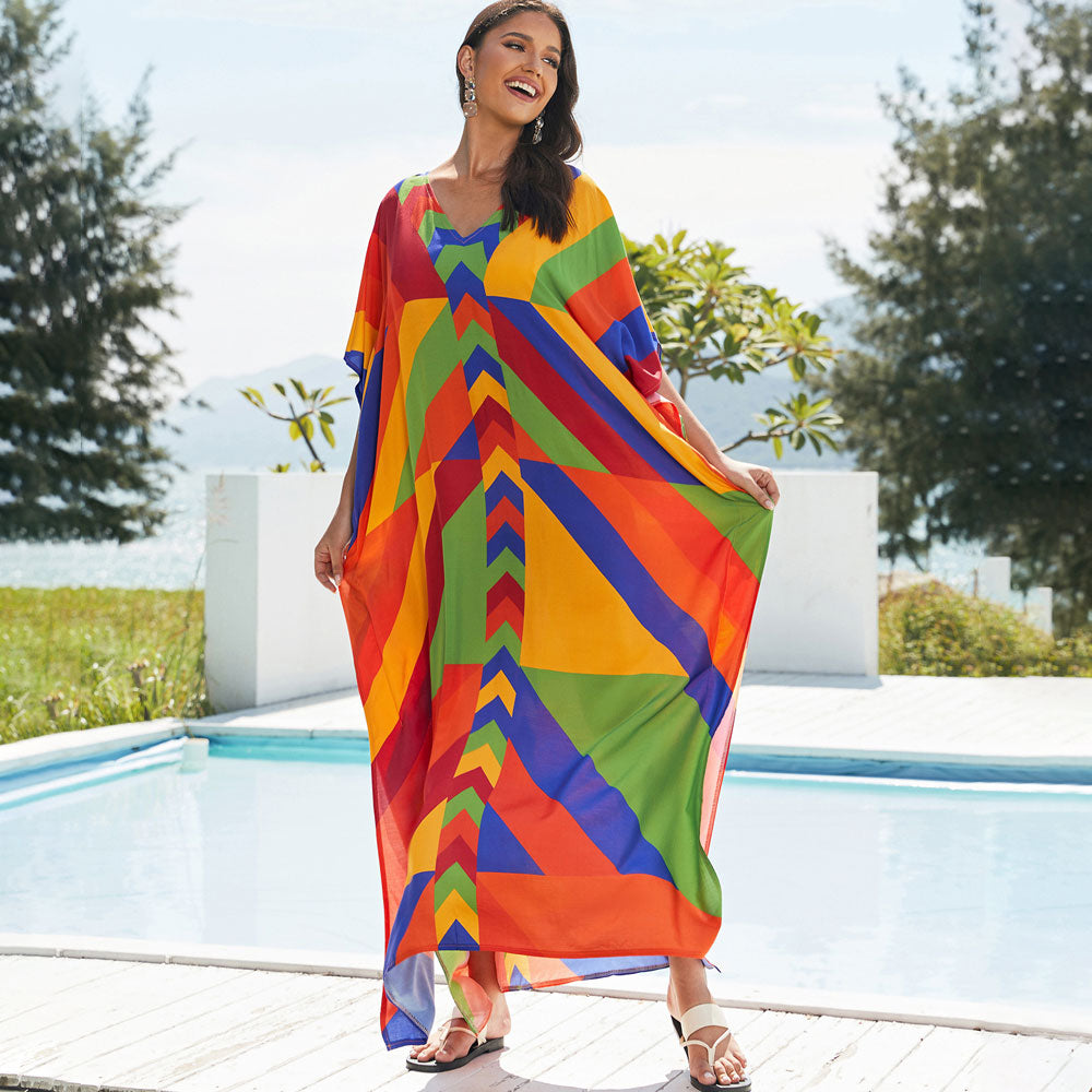 Premium Boho V-Neck Maxi Dress - Vibrant Brazilian Caftan Cover-Up