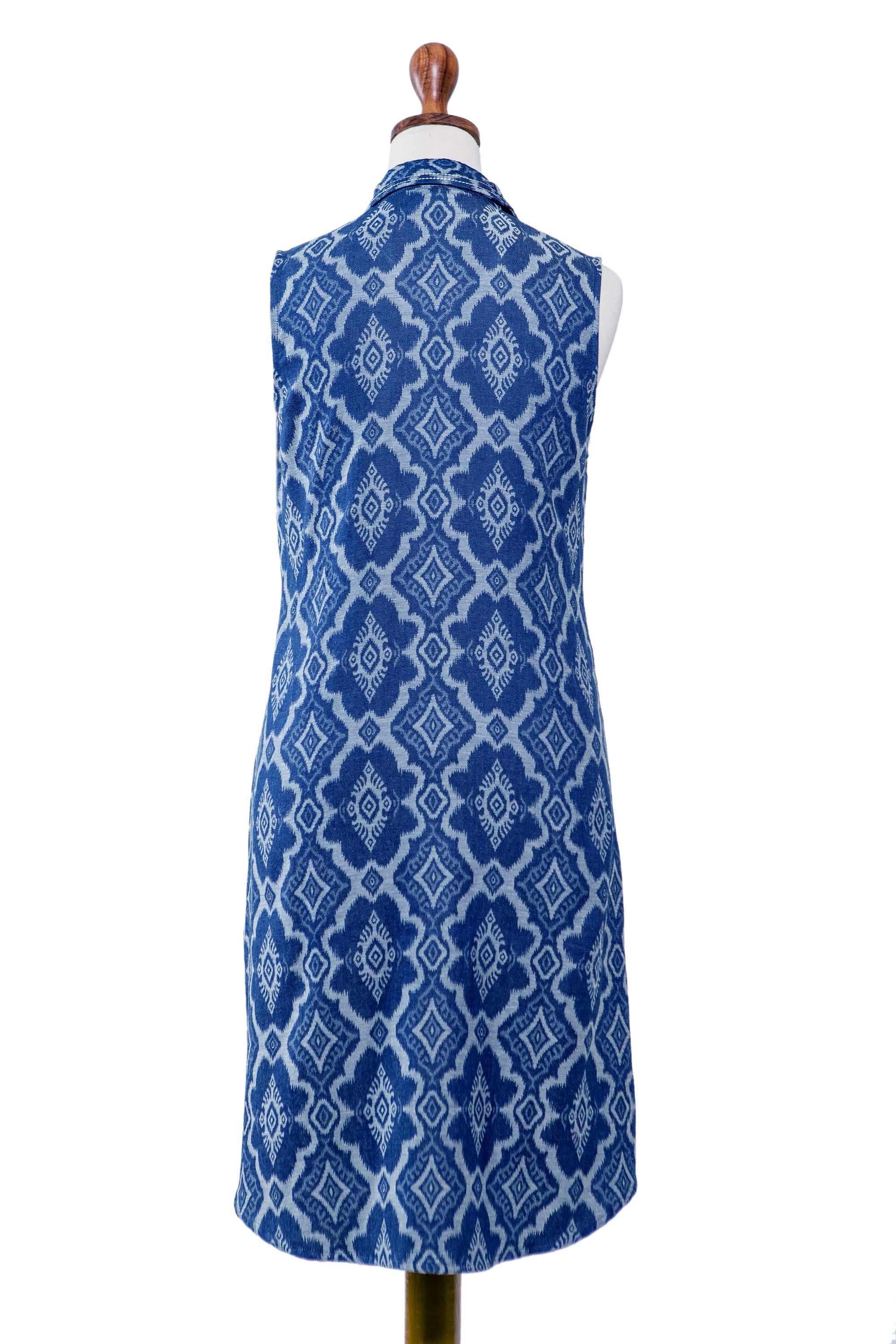 Premium Eyeful Blue Cotton Shirt Dress - Geometric Batik Design