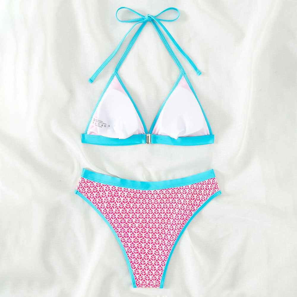 Premium Vibrant Print Contrast Cheeky Banded Triangle Bikini Set