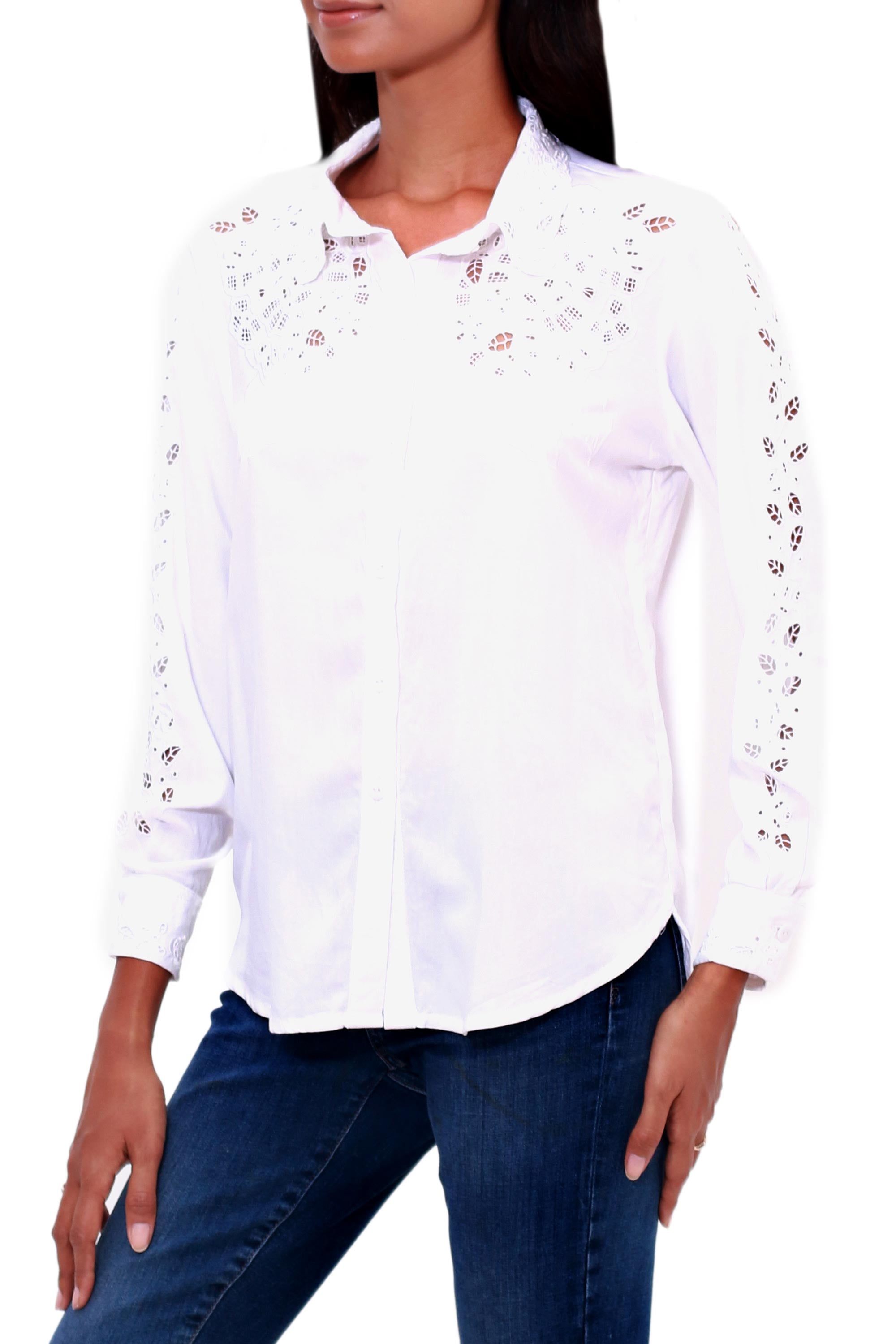 Premium White Floral Rayon Blouse – Handcrafted in Bali