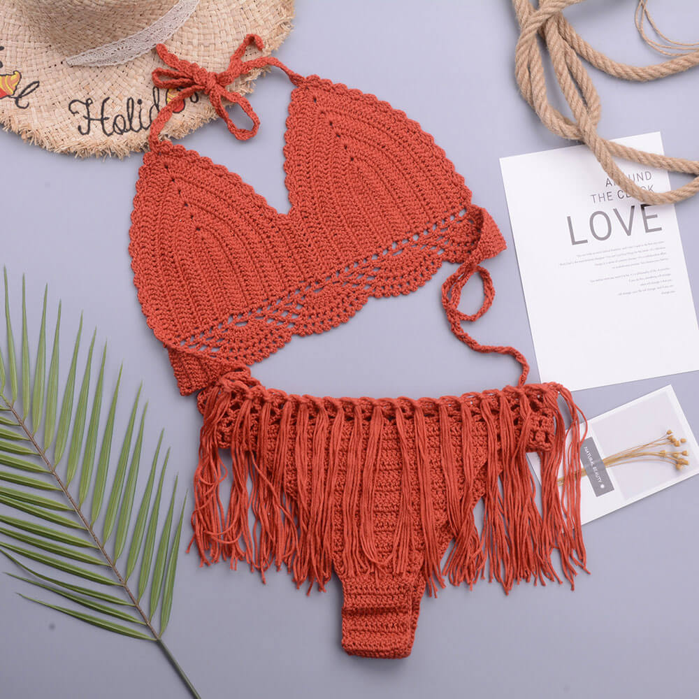 Premium Crochet Knit Bikini Set with Tassel Trim - Chic Halter Triangle Design