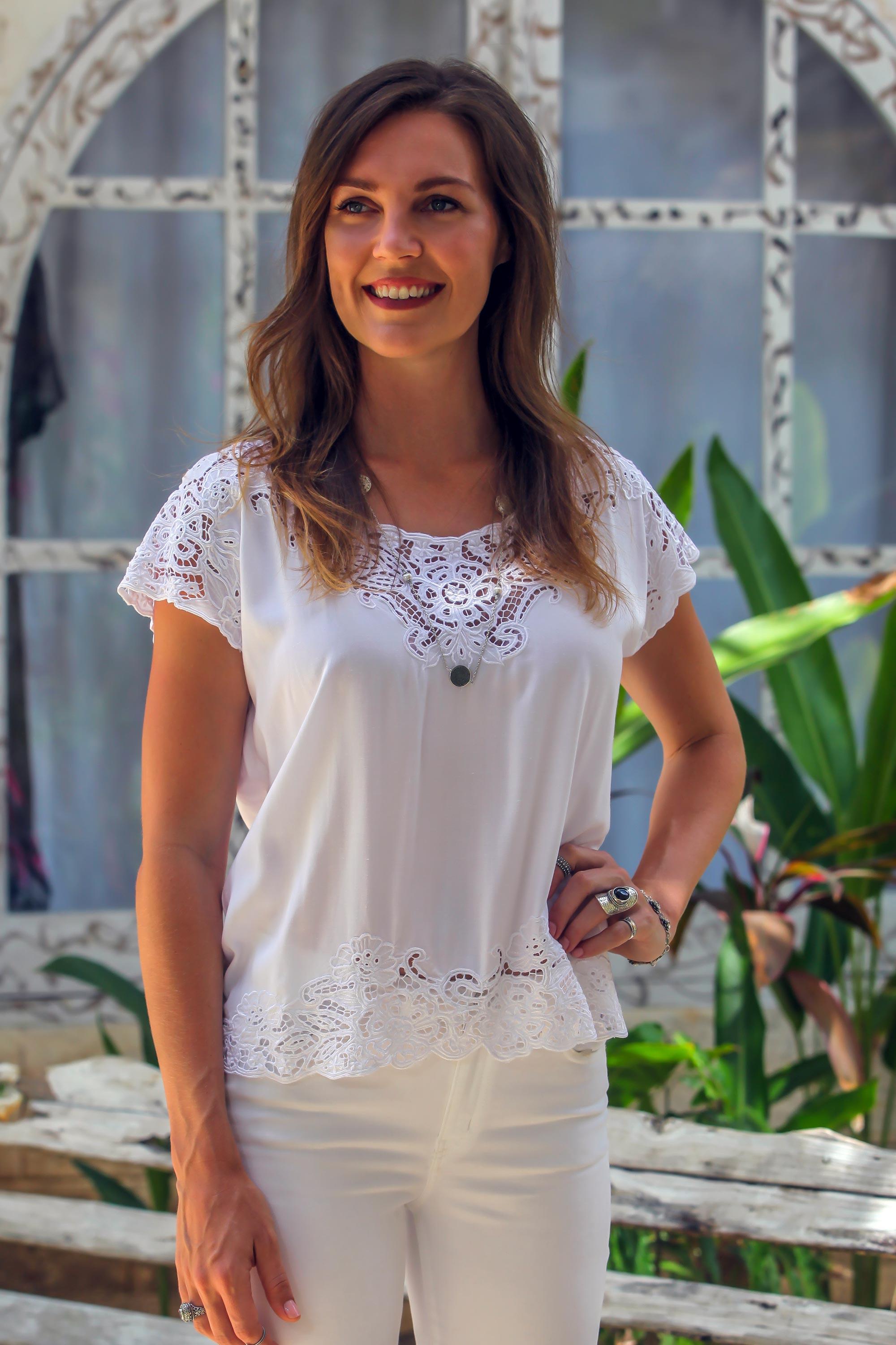 Premium White Kusuma Floral Embroidered Rayon Blouse - Handcrafted in Bali