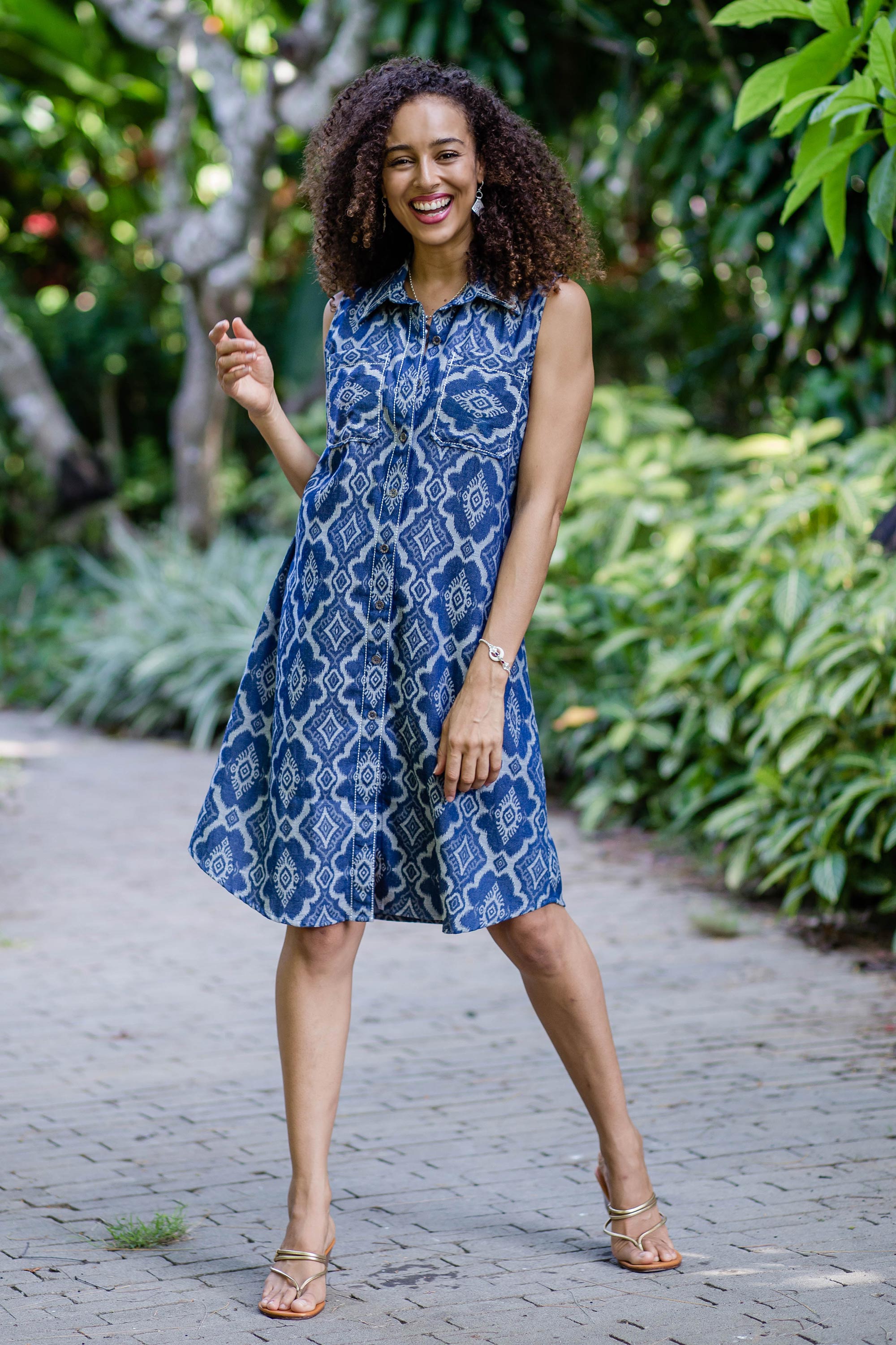 Premium Eyeful Blue Cotton Shirt Dress - Geometric Batik Design