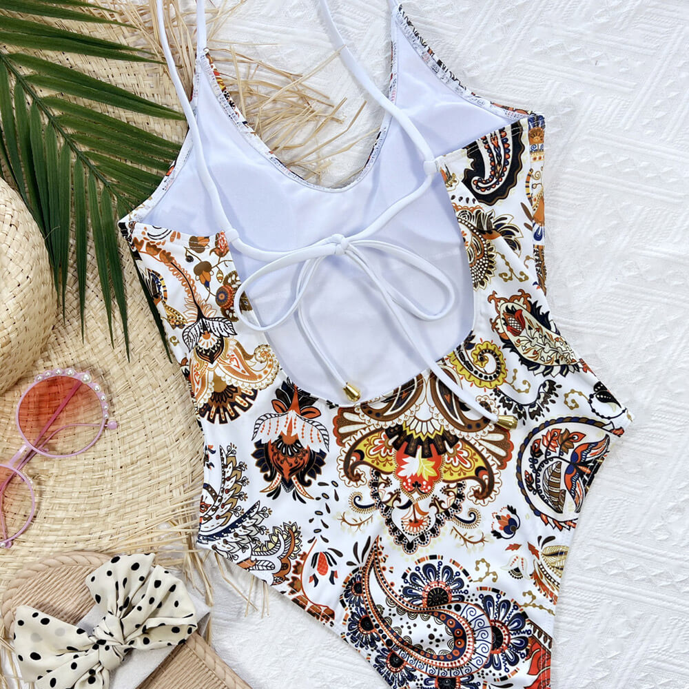 Premium Boho Floral High-Cut One-Piece Swimsuit with Open Back