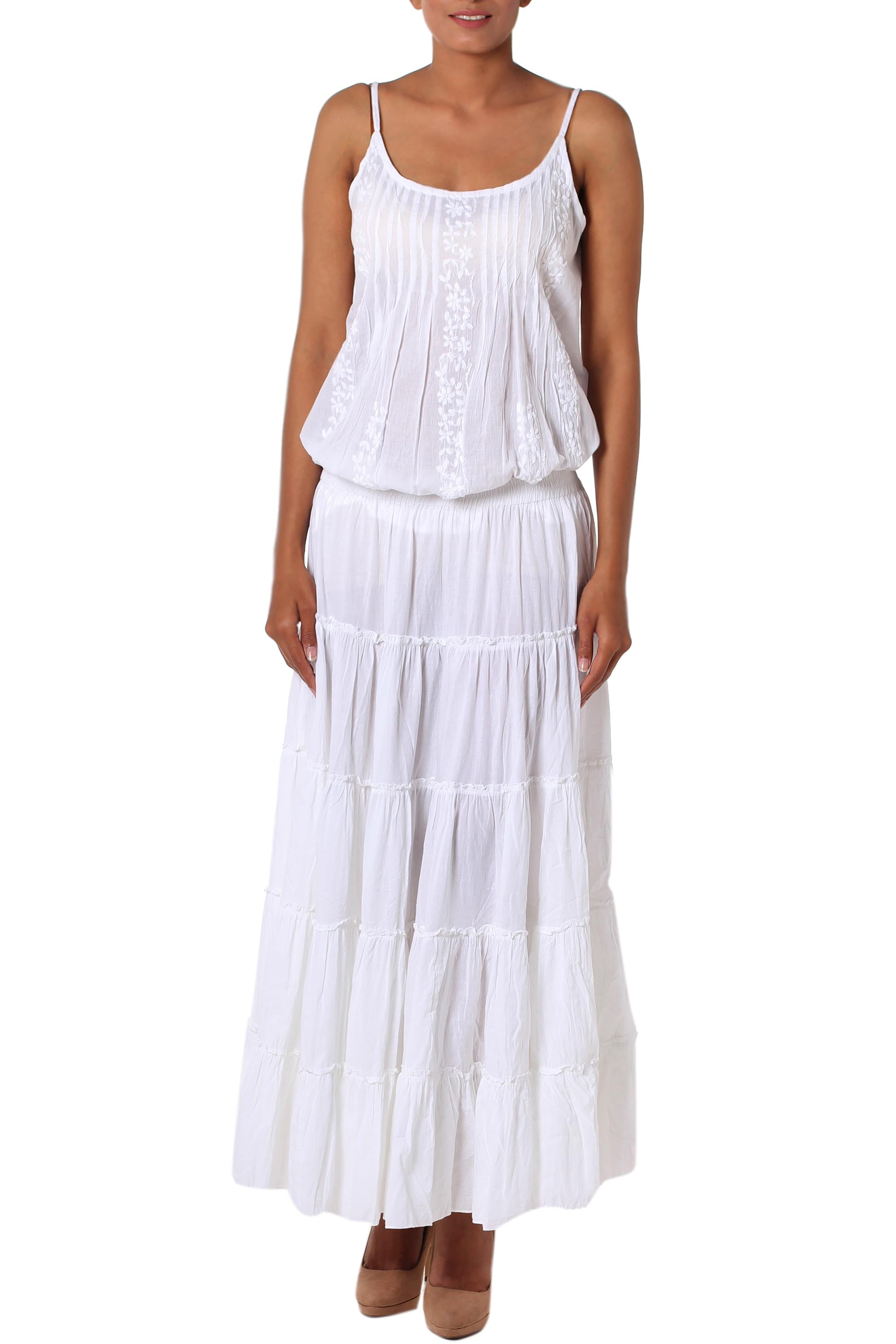 Premium Tiered Cotton Maxi Skirt - White Semi-Sheer Elegance