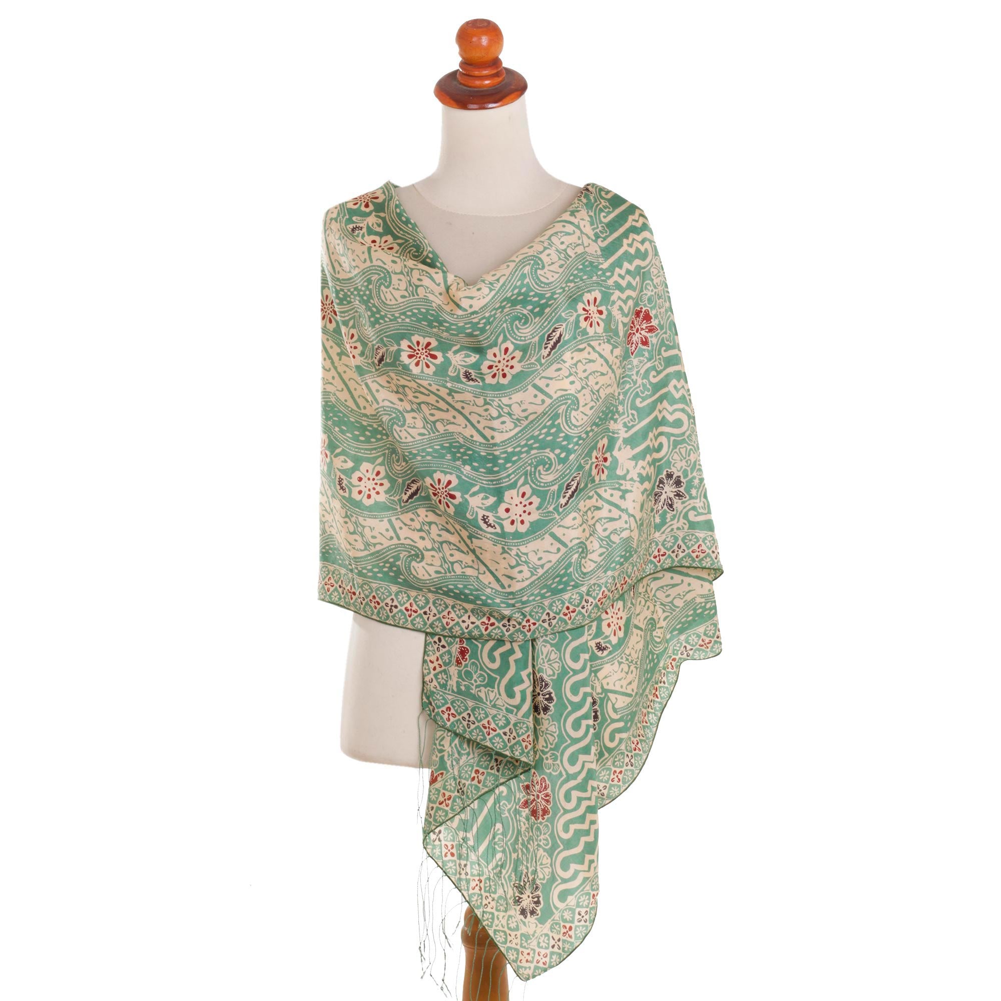 Premium Moss Green Batik Silk Shawl with Elegant Floral Motifs - Handcrafted in Bali