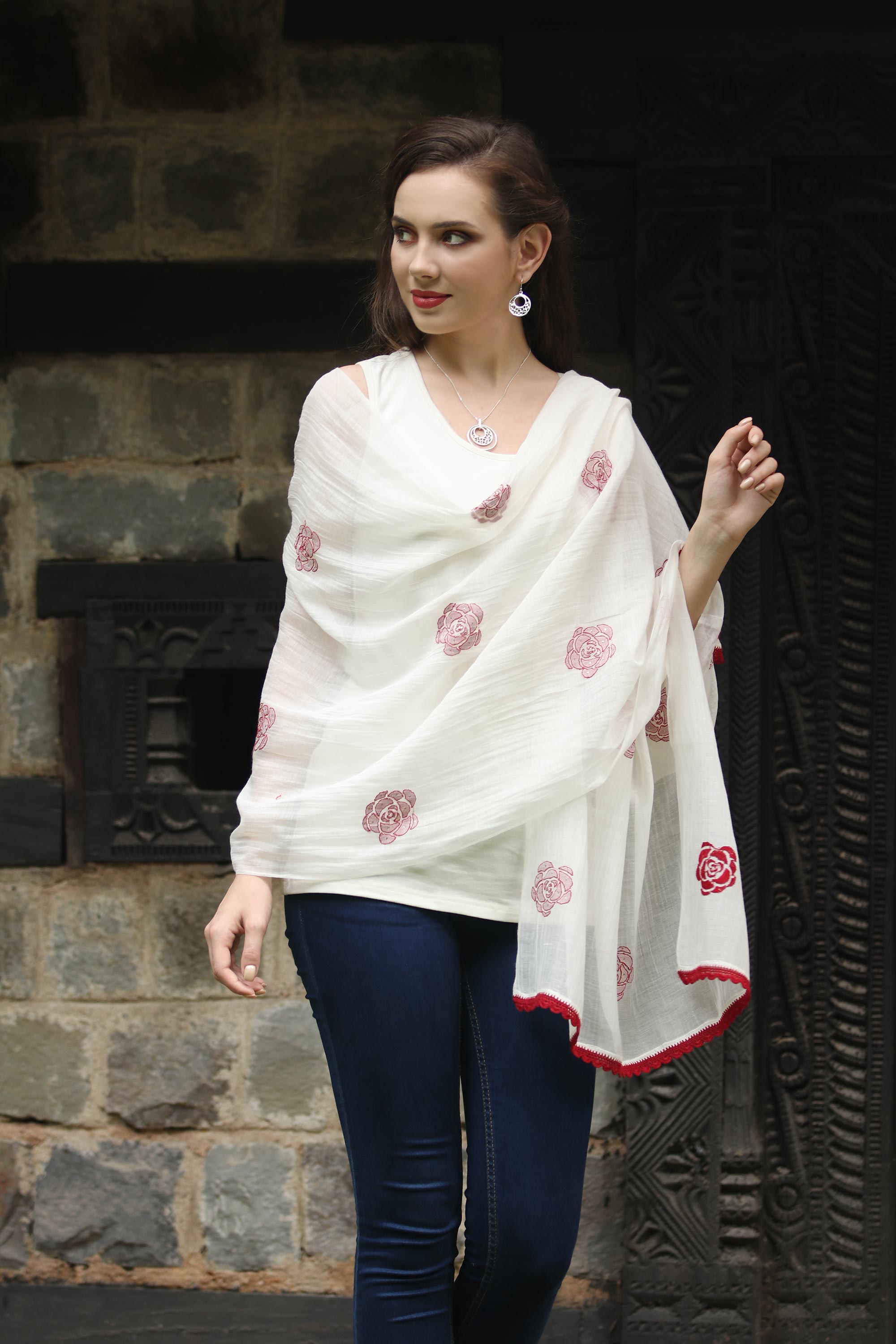 Premium Chikan Roses Silk & Cotton Shawl - Champagne & Claret Elegance