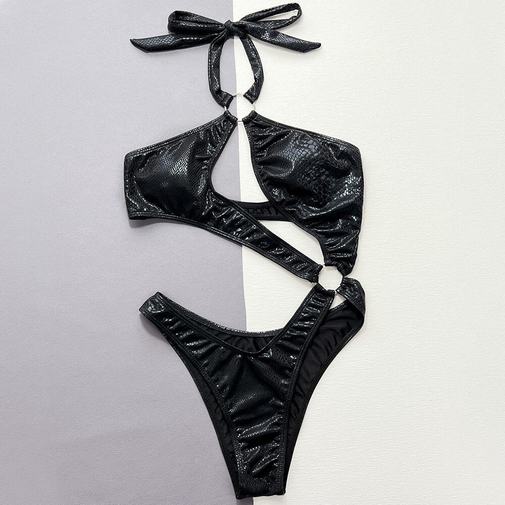 Ultimate Vegan Leather Cutout Monokini - High-Leg Brazilian Swimsuit