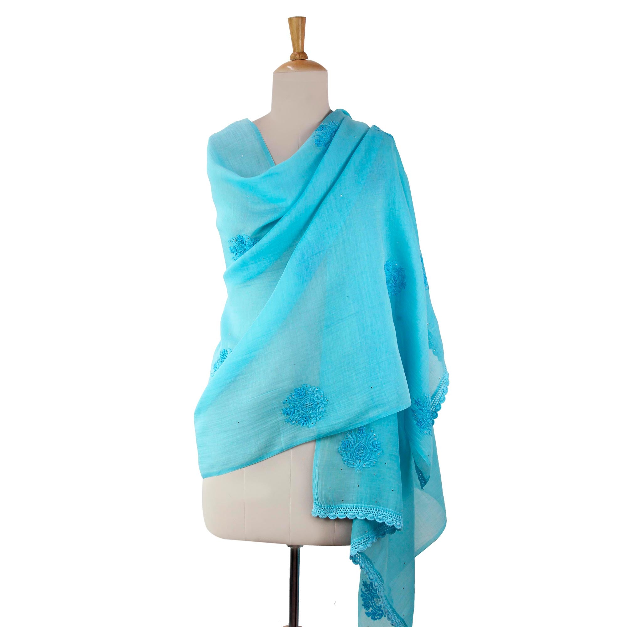 Premium Lucknow Chikankari Shawl - Hand Embroidered Sky Blue Cotton Silk Blend