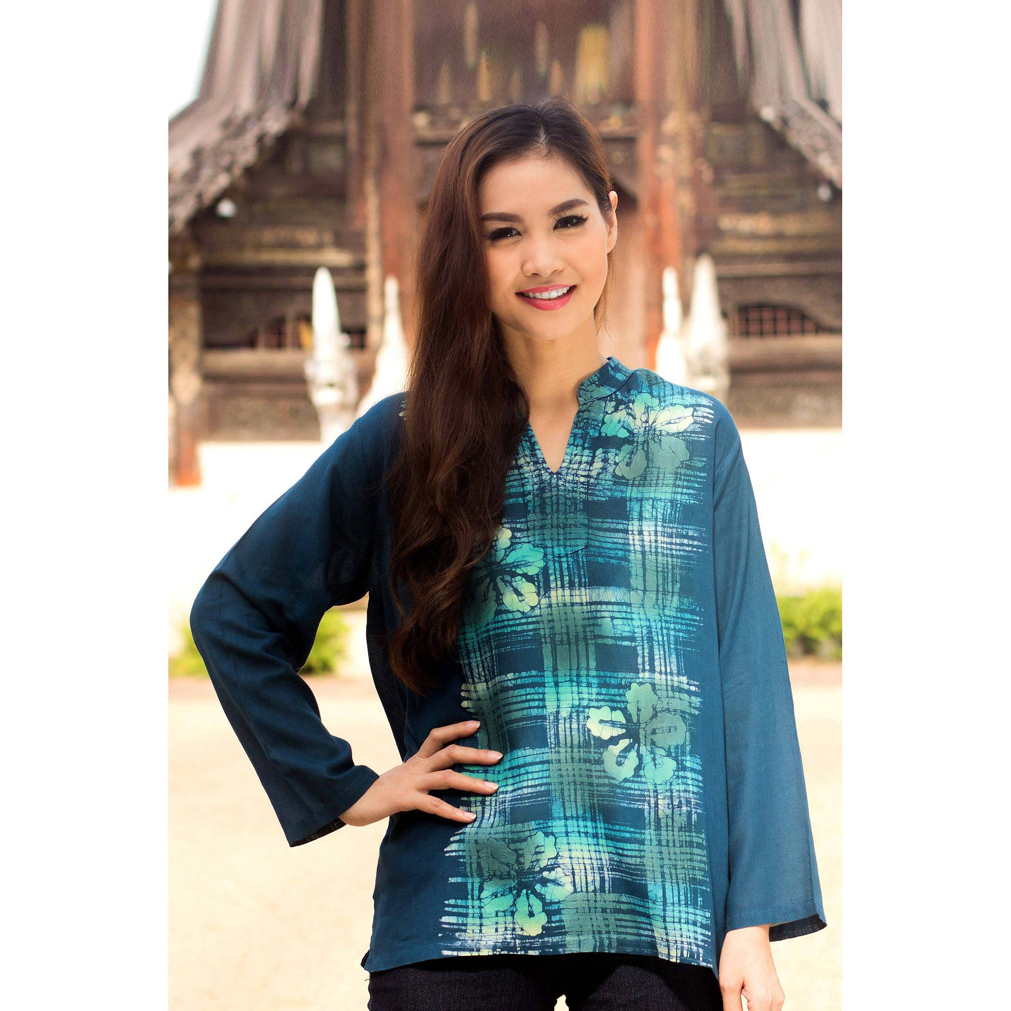 Premium Teal Thai Hibiscus Cotton Batik Tunic - Handmade & Fair Trade