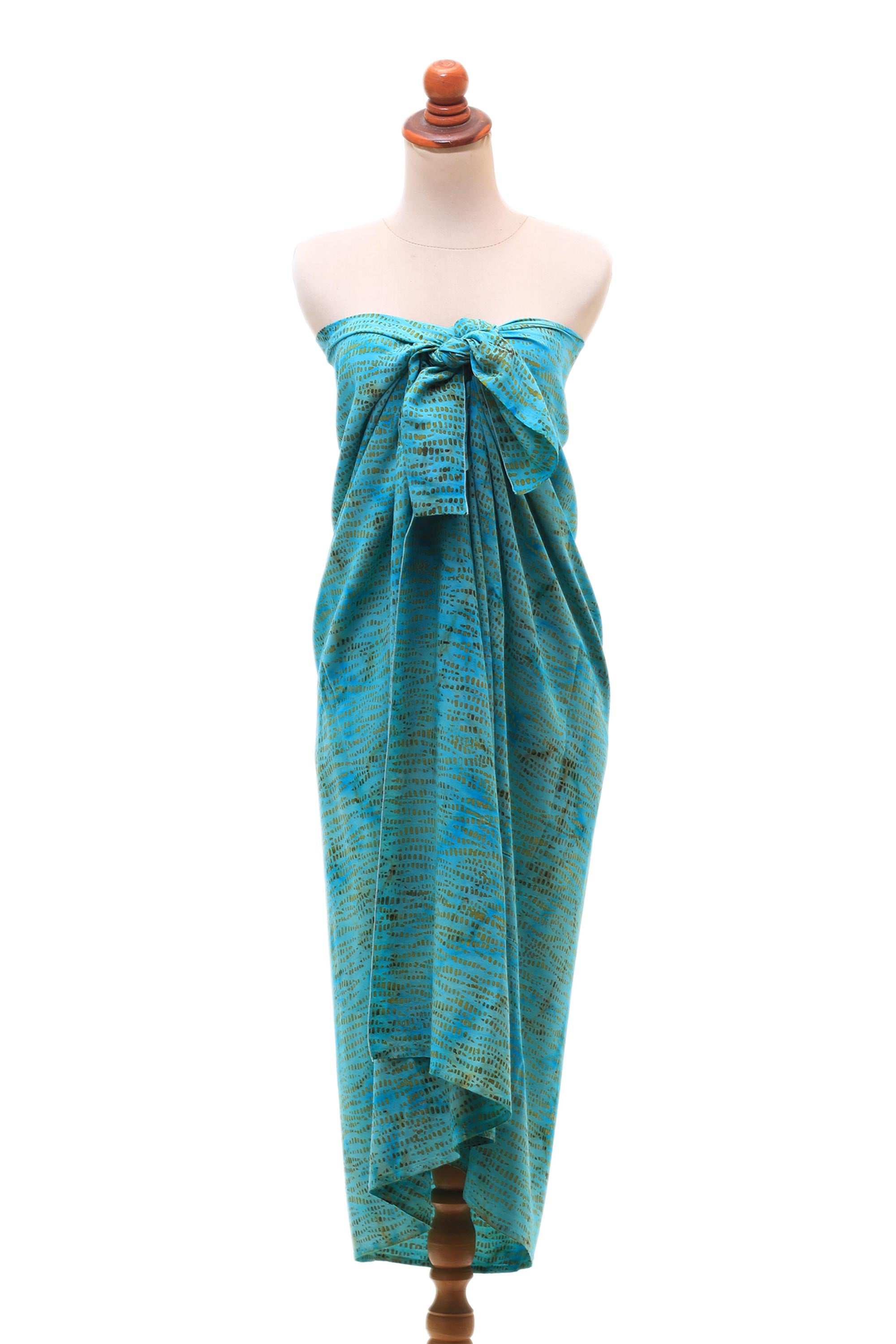 Premium Hand-Stamped Batik Rayon Sarong - Tropical Aqua & Cerulean Design