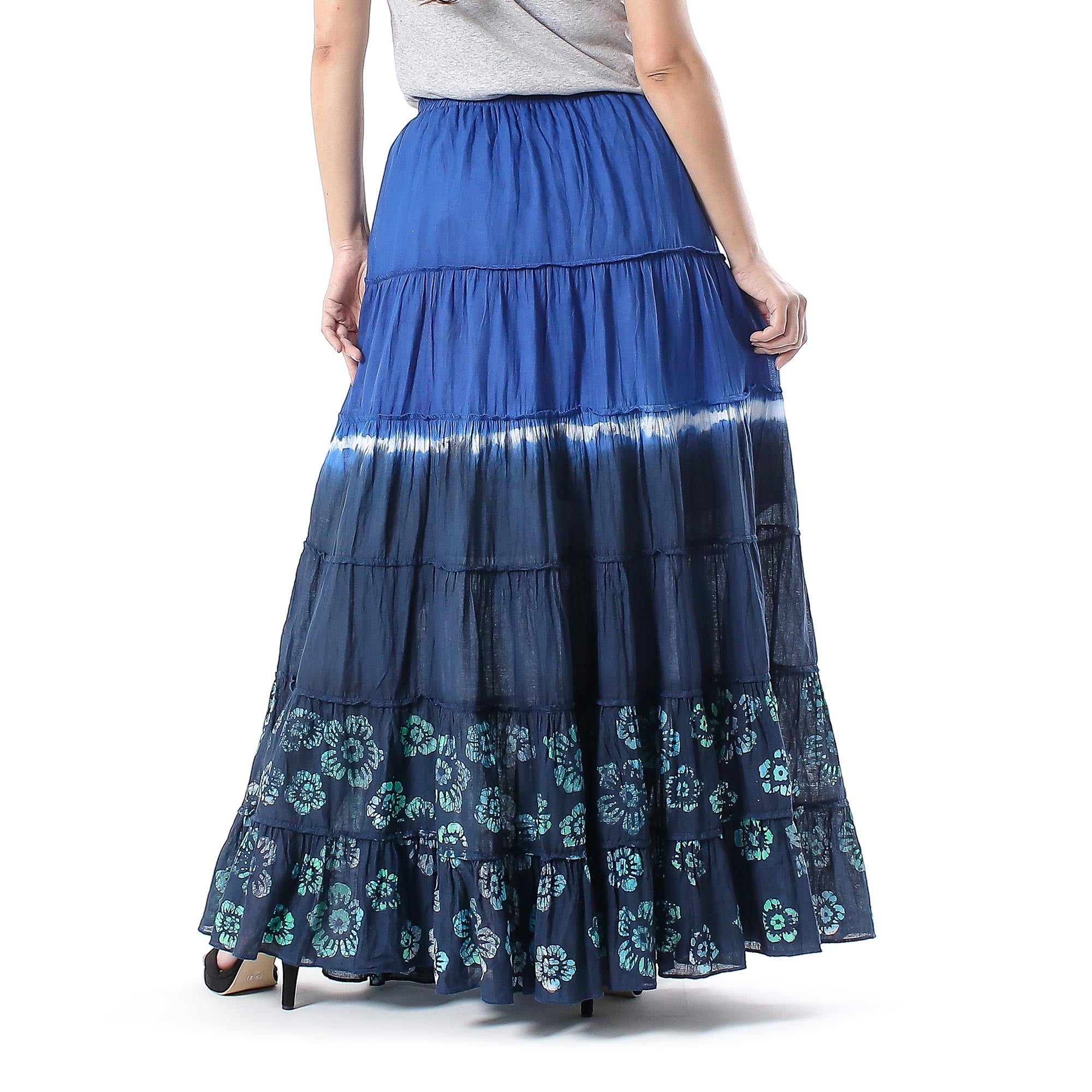 Premium Boho Batik Maxi Skirt - Royal Blue & Black Tie-Dye Design