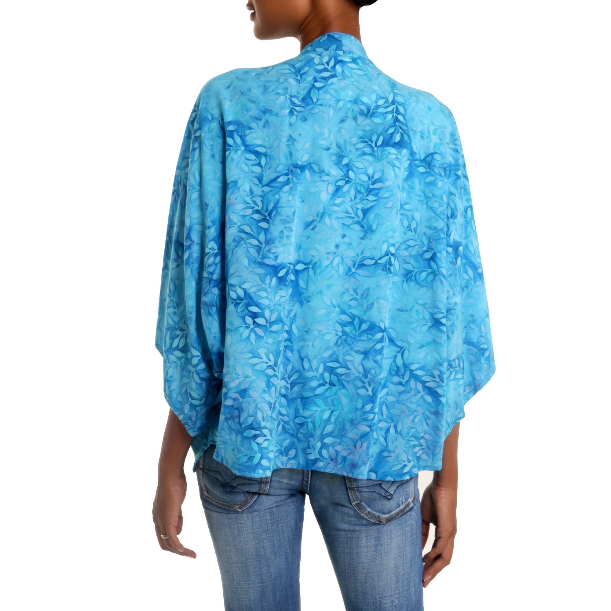 Premium Cyan Open Kimono Jacket - Light Blue Batik Design