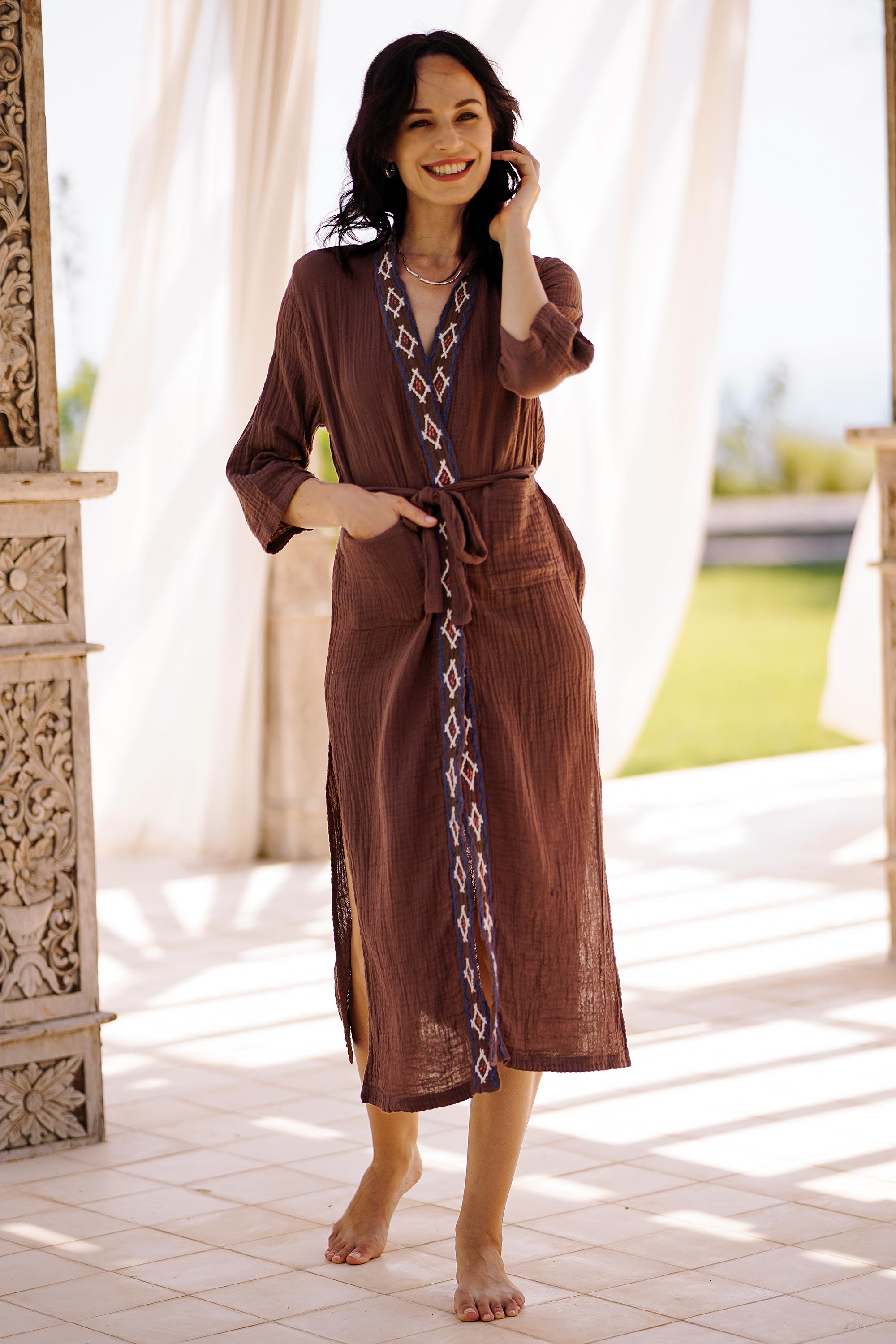 Premium Nature Relaxation Diamond Embroidered Cotton Robe - Chestnut Brown