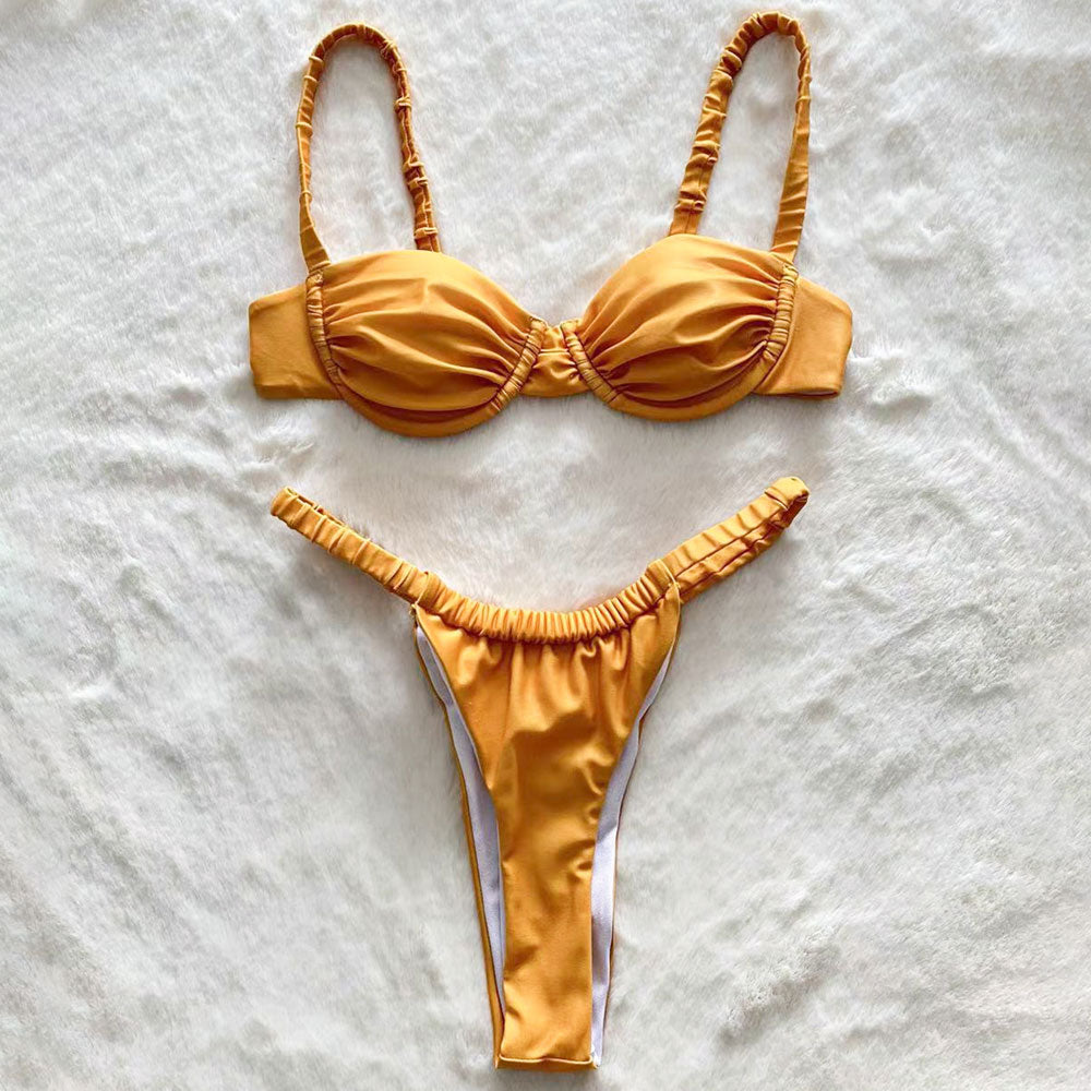 Premium High-Leg Ruched Balconette Bikini Set - Summer Gold Edition