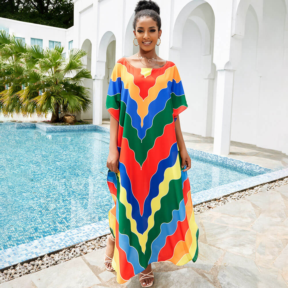 Premium Rainbow Chevron Maxi Dress | Ultimate Brazilian Caftan Cover Up