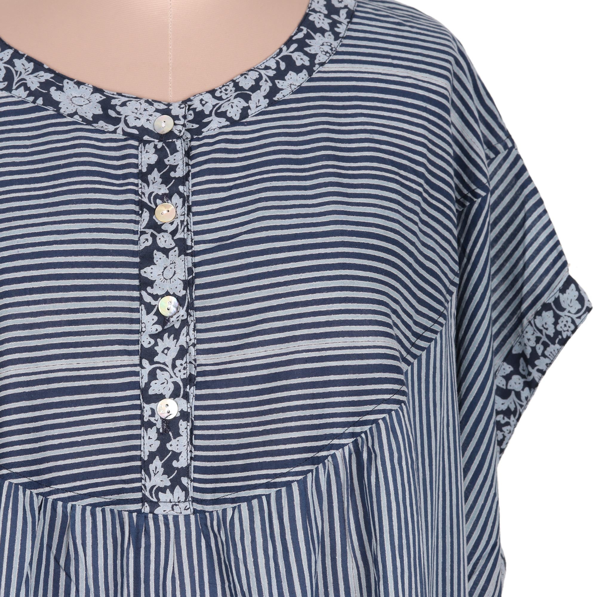 Premium Striped & Floral Cotton Caftan Dress - Dark & Light Blue