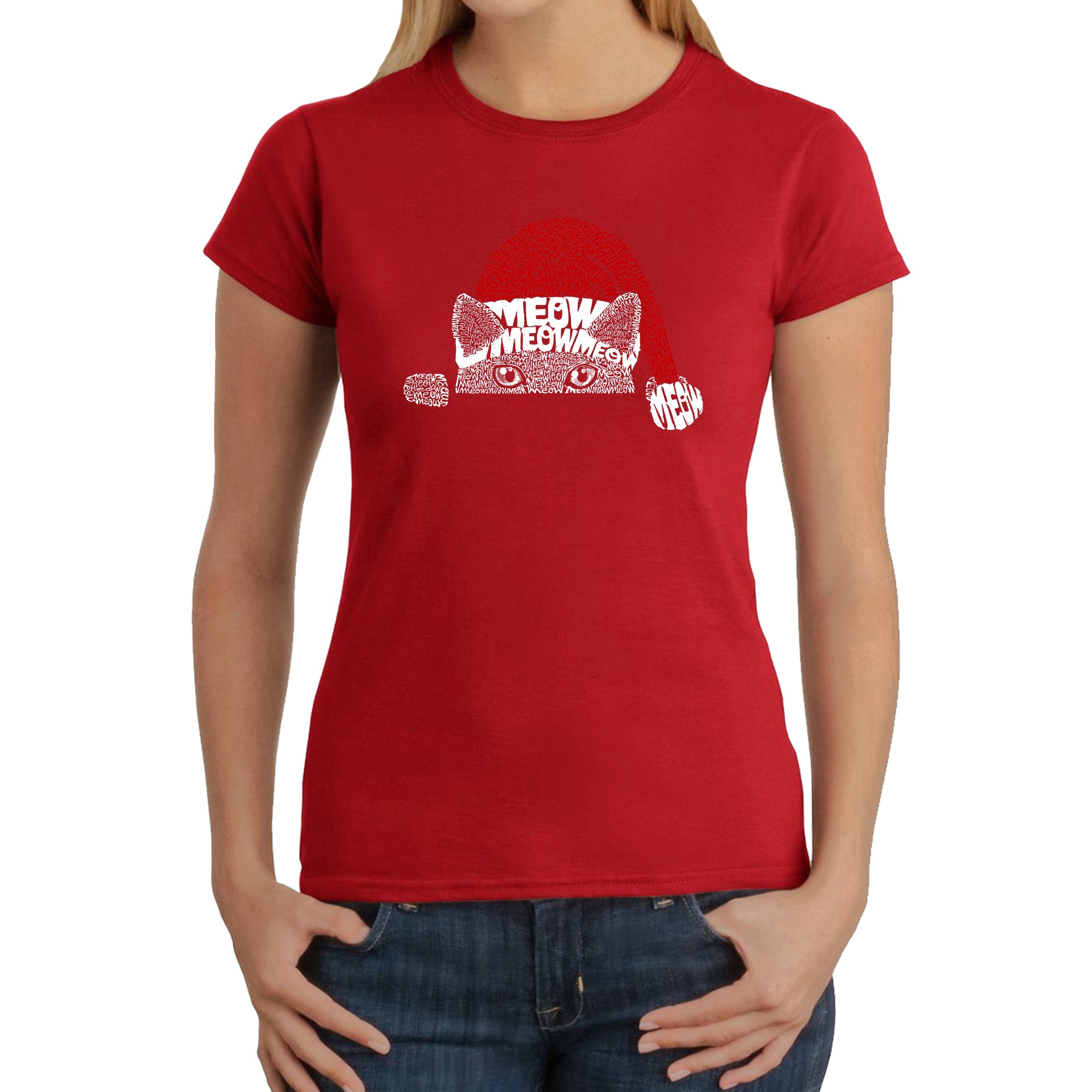 Premium Christmas Peeking Cat - Women's Festive Word Art T-Shirt