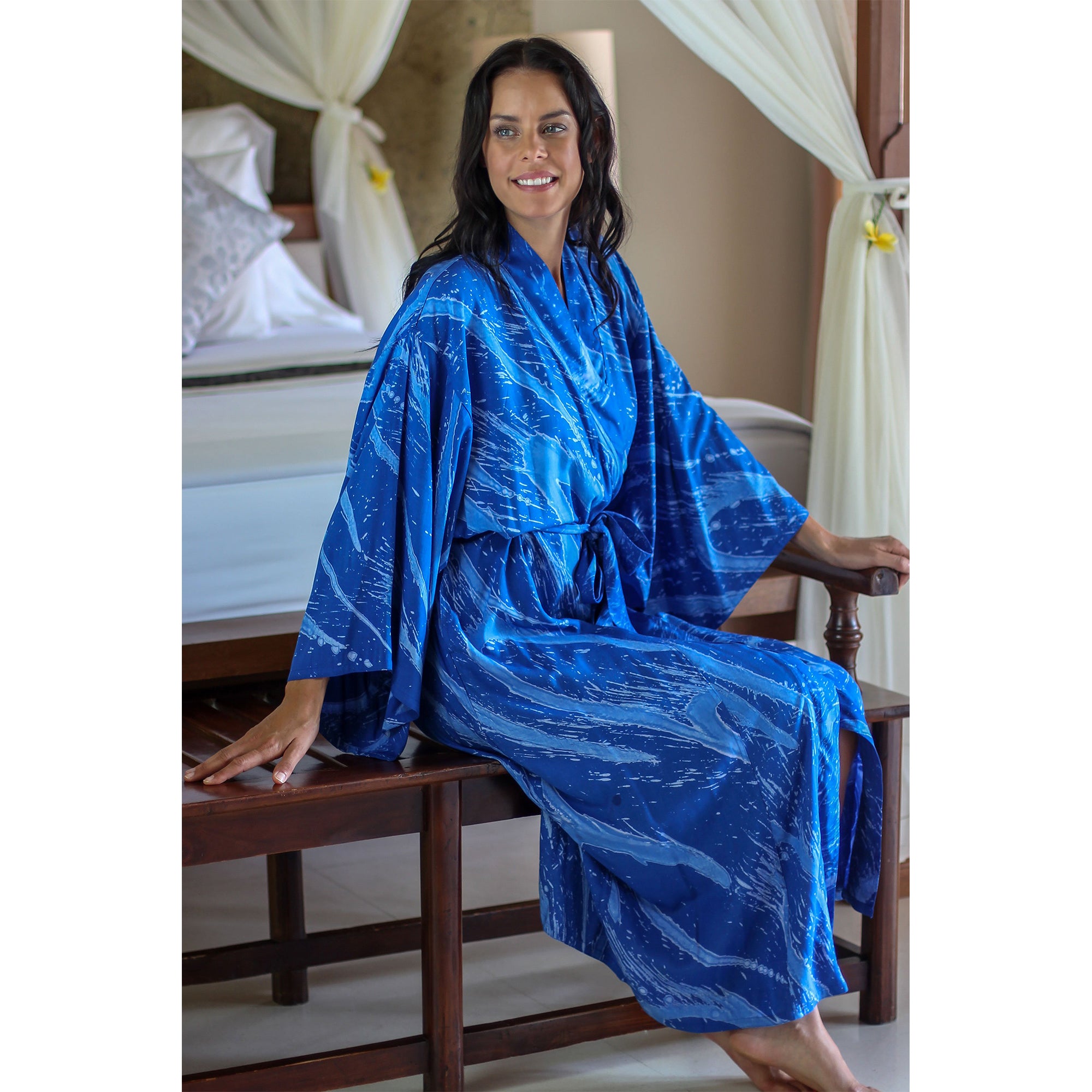 Premium Sapphire Batik Wrap Robe for Women - Handmade Elegance