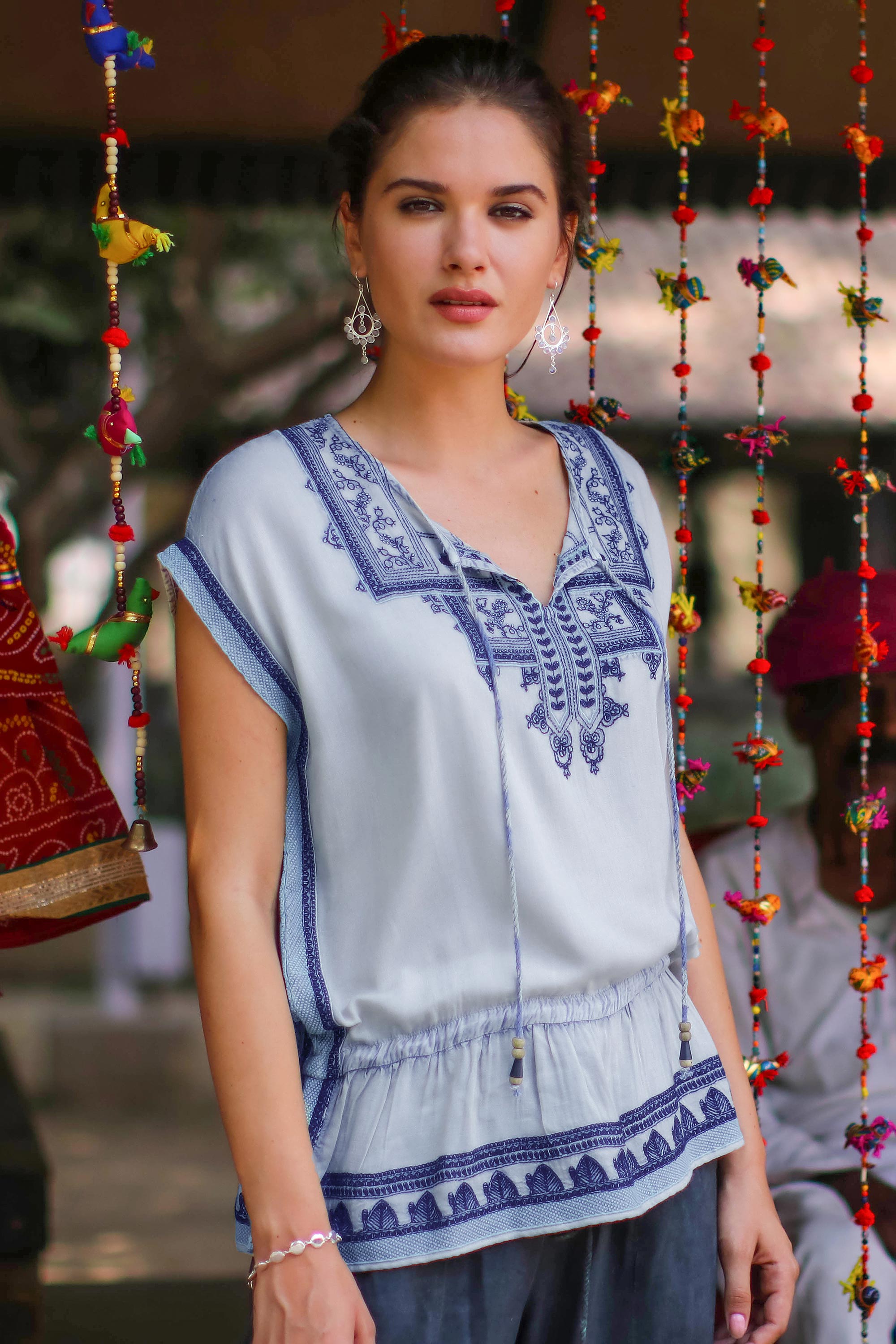 Premium Jaipur Chic Embroidered Viscose Blouse in Light Blue