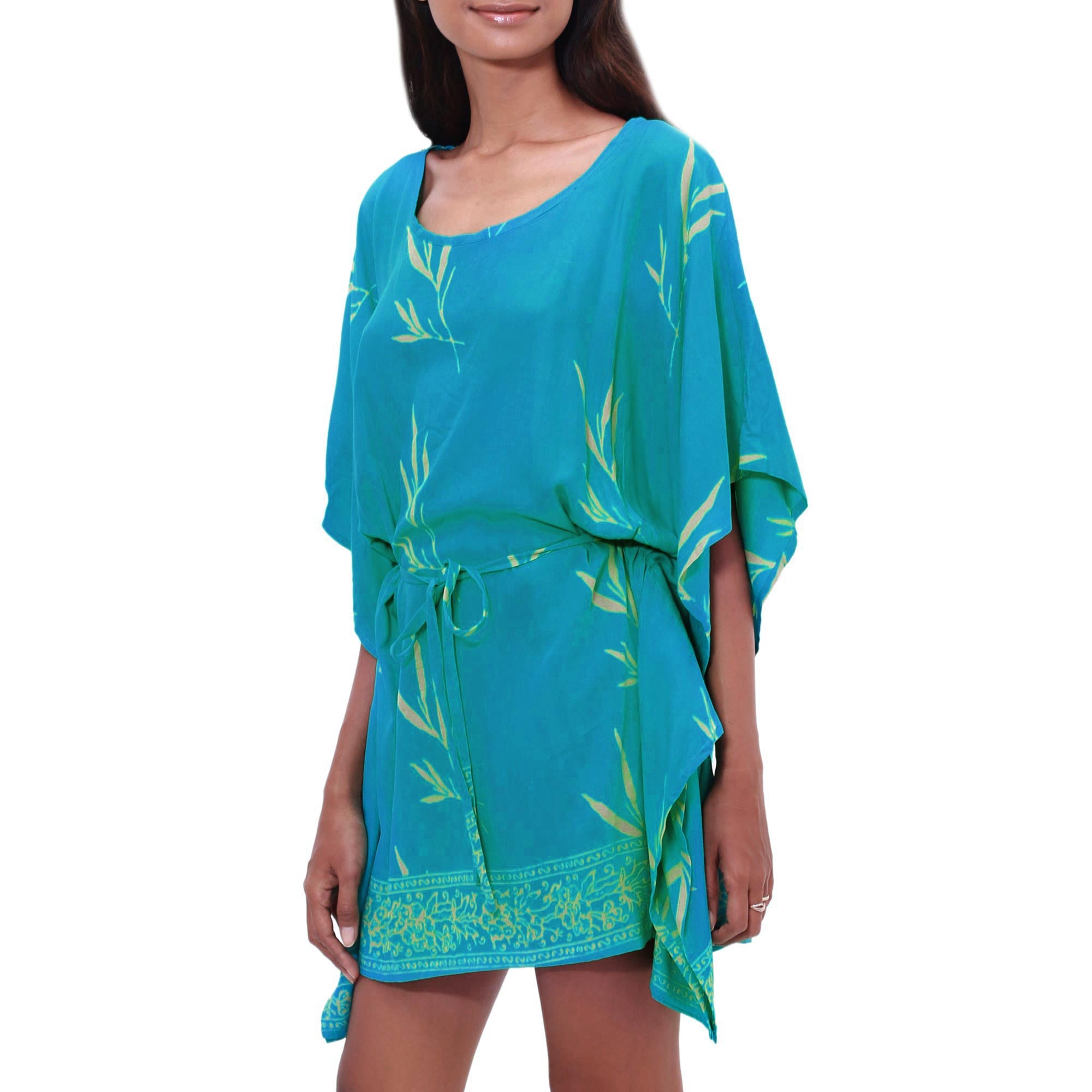 Premium Balinese Breeze Caftan: Turquoise & Lemon Batik Rayon